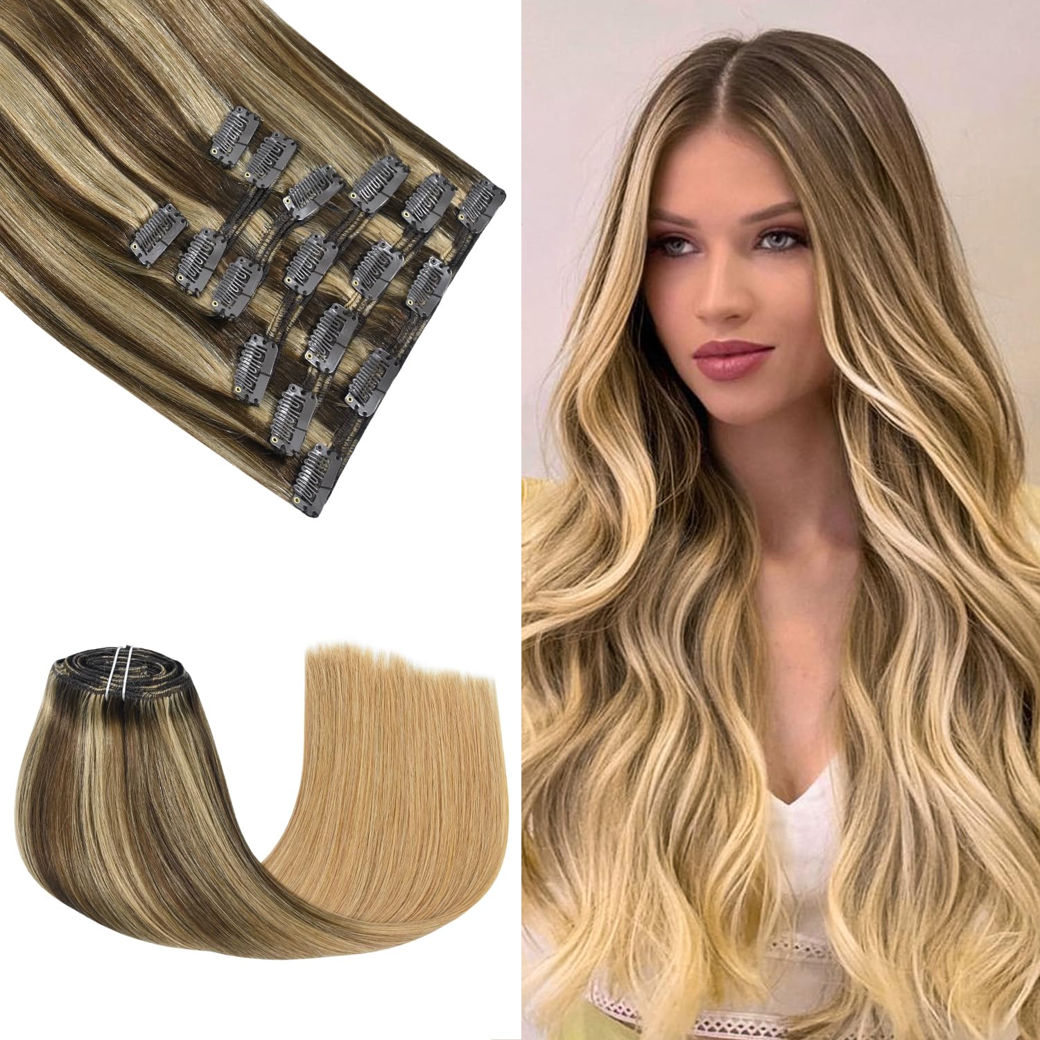 Honsoo 22in Clip In Hair Extensions For Women Soft Natural Handmade Real Human Hair Extensions Medium Brown Fading To Honey Blonde Long Straight 7pcs 120g Hair Extensions