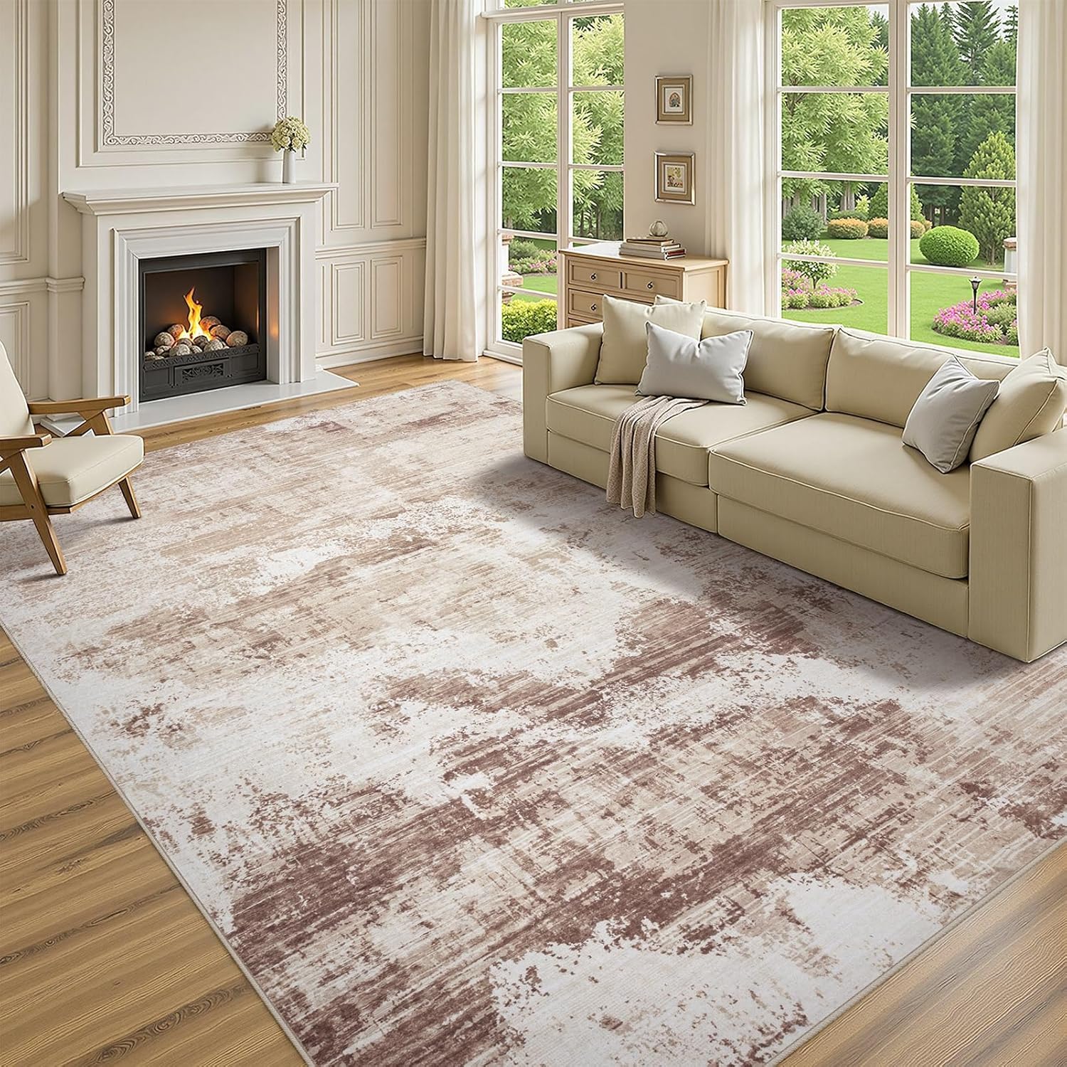 8x10 Area Rugs for Living Room: Soft Fluffy Large Washable Rug Modern Abstract Non-Slip Stain Resistant Vintage Carpet for Living Room Bedroom Dining Room or Home Office Home Decor - Light Brown