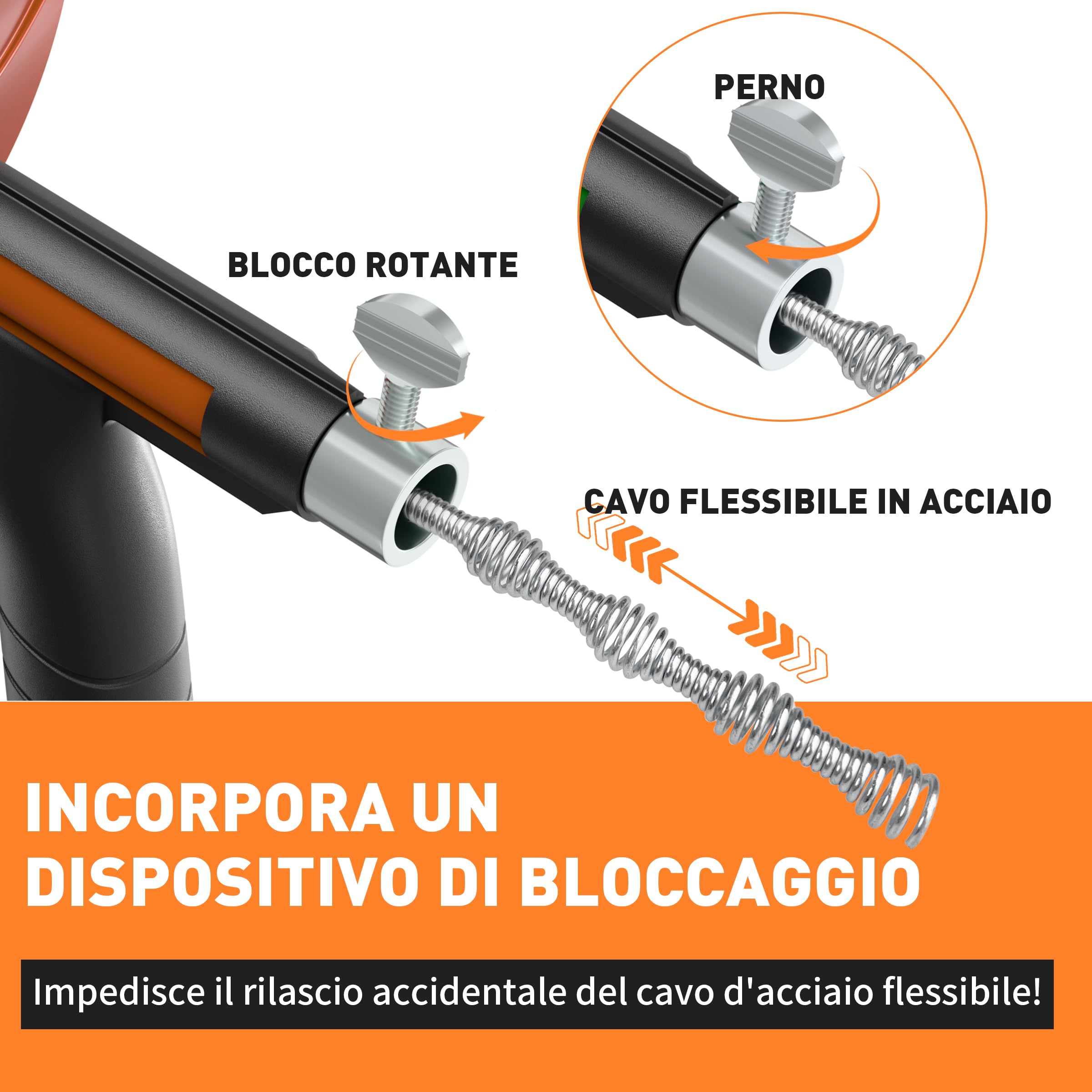 BACOENG Sonda Sturatubi 15 M, Molla Sturatubi Professionale per Lavandini e Scarichi, Sonda Idraulica Flessibile per Cucina, Bagno, WC, Arancione