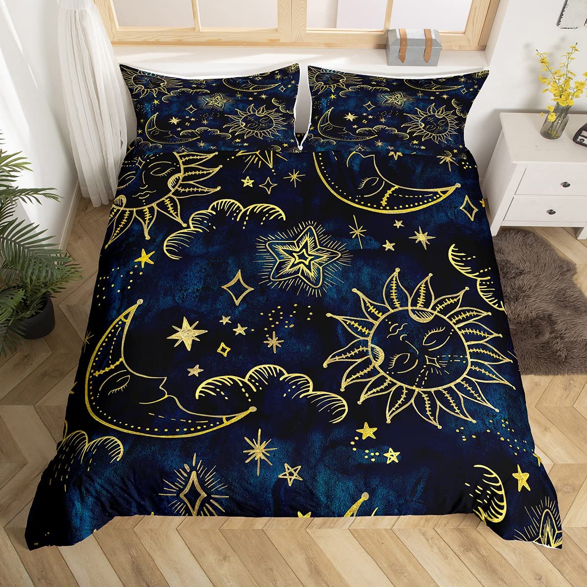 richhome Moon Star Sun Duvet Cover Set Double for Kids Adult Bedroom Navy Blue Golden Soft Comforter Quilt Cover Cartoon Universe Bedspread Cover Bedroom Collection 3Pcs Bedclothes