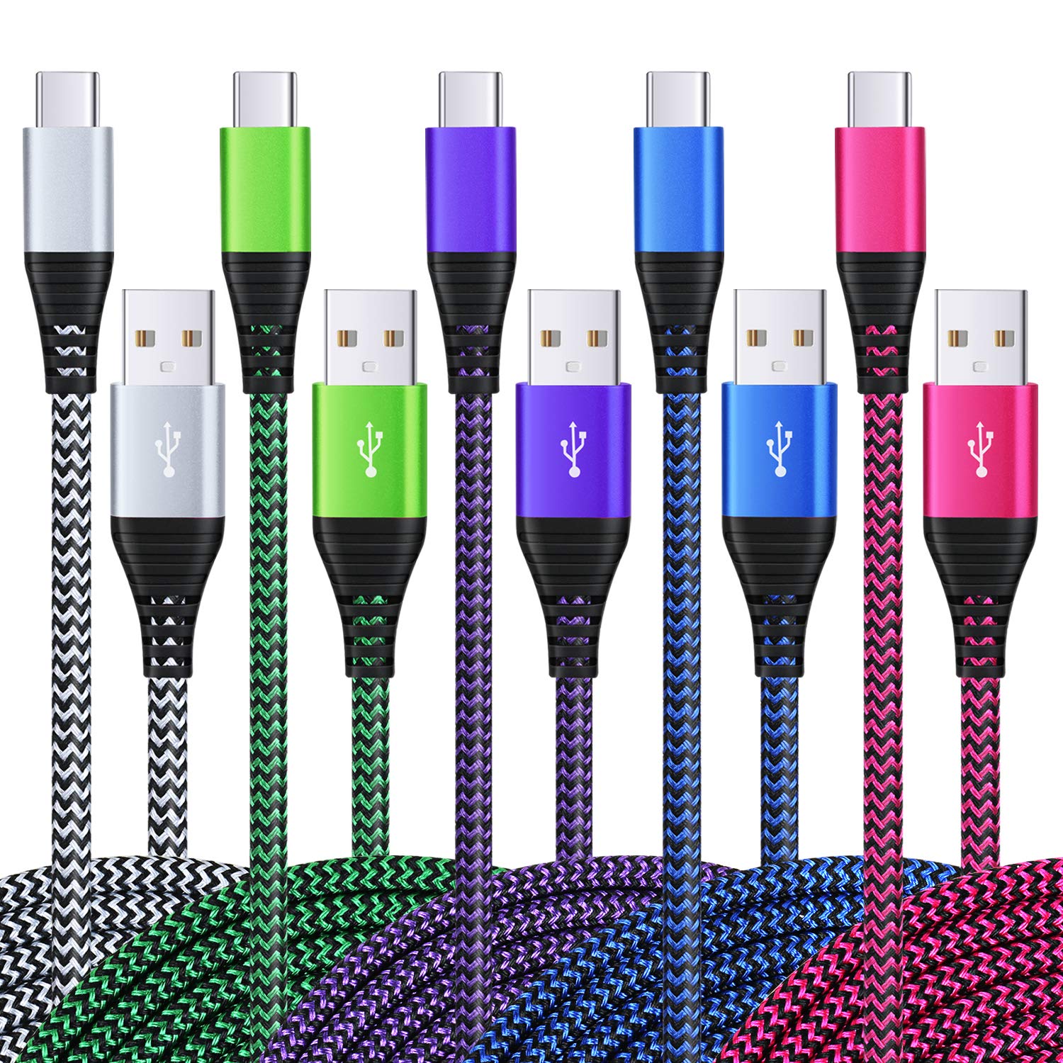 USB Type C Cable, Qihop 5-Pack Extra Long USB C Cable 10ft Fast Charging Braided Type C Charger Cable Cord Compatible Samsung Galaxy S10 S9 S8 Plus Note 9 8, V30 V20 G6, Pixel and More