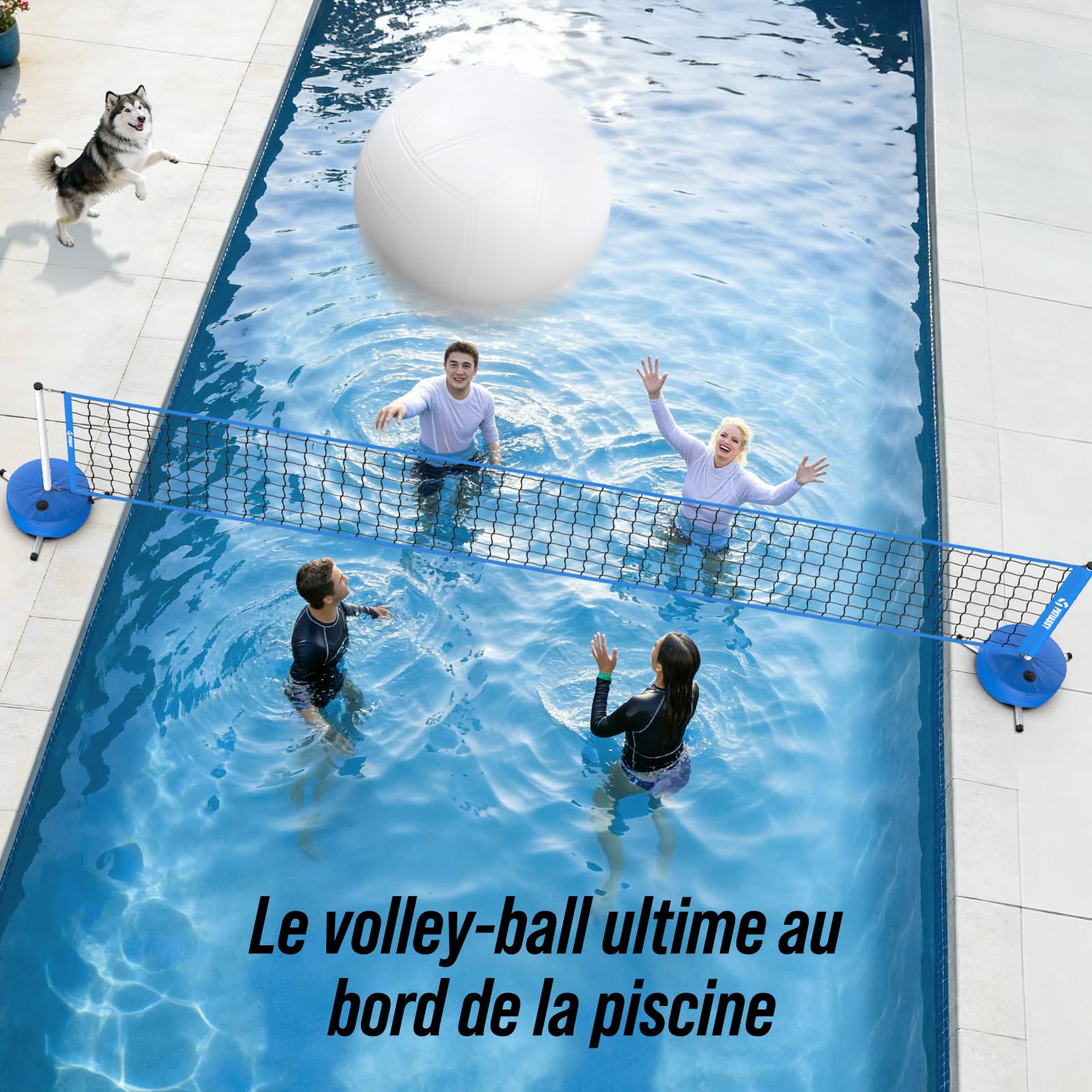 Filet Volley Piscine Portable, Longueur réglable 4,5 à 7,6 m, L'installation est Simple et Rapide, pour Jeux d’Eau, Jardin, Plage et Activités Extérieures