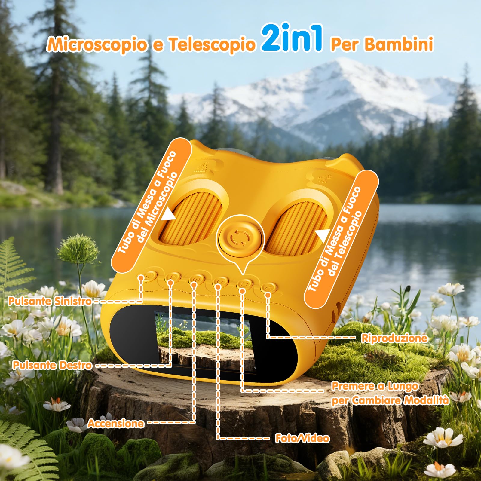 2 in 1 Microscopio Bambini e Telescopio, Microscopio Digitale Bambini con Scheda 32GB, 1000X Microscopio Portatile con Schermo IPS da 2,0 Pollici e 8 Luci LED, Regalo per Bambini dai 3 Anni