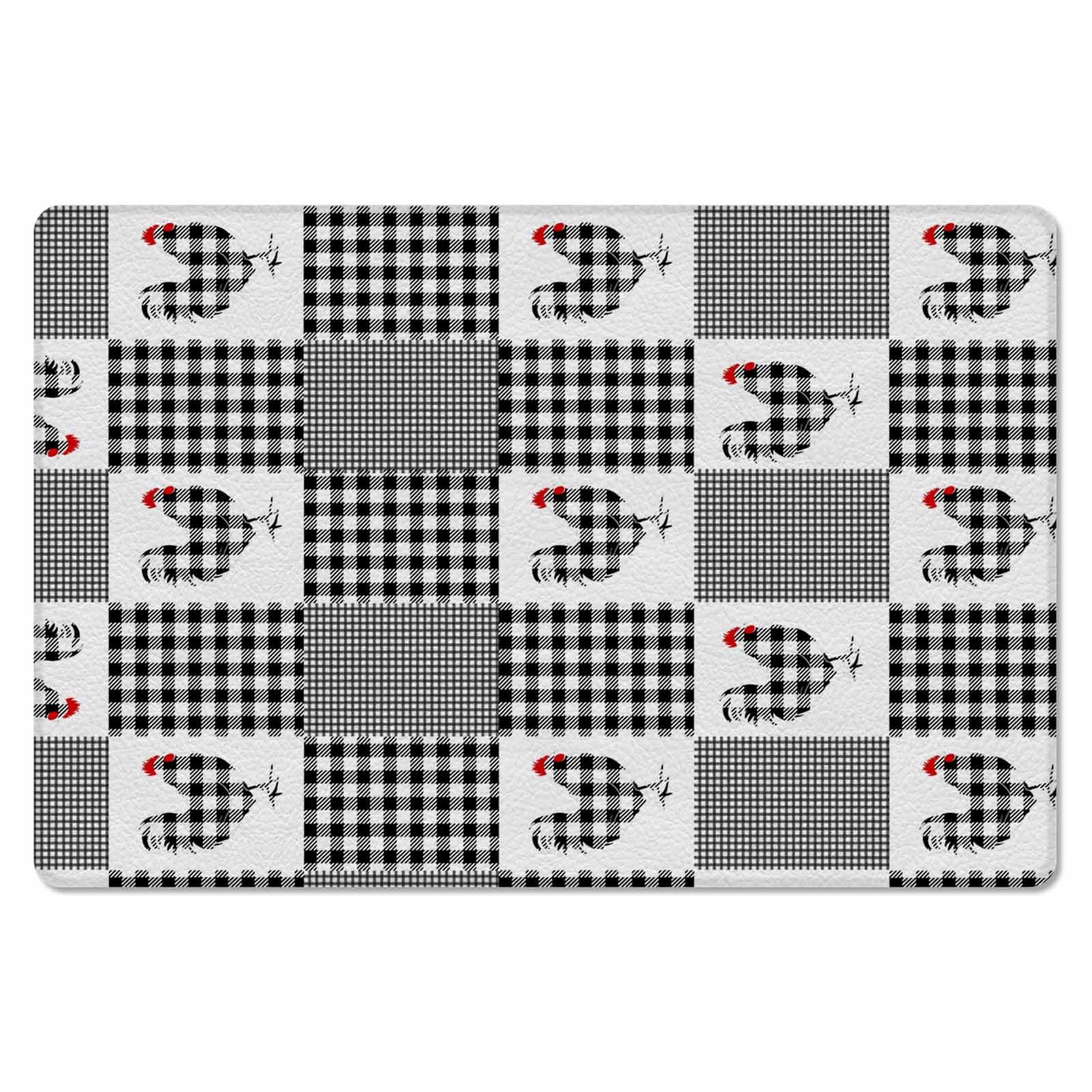 Black Rooster Antifatigue Kitchen Bath Door Mat Cushioned Runner Rug,Washable Welcome Floor Sink Mat,Waterproof Kitchen Standing Doormat,Farm Animal Farmhoue Chick Spring Summer Checkered 18