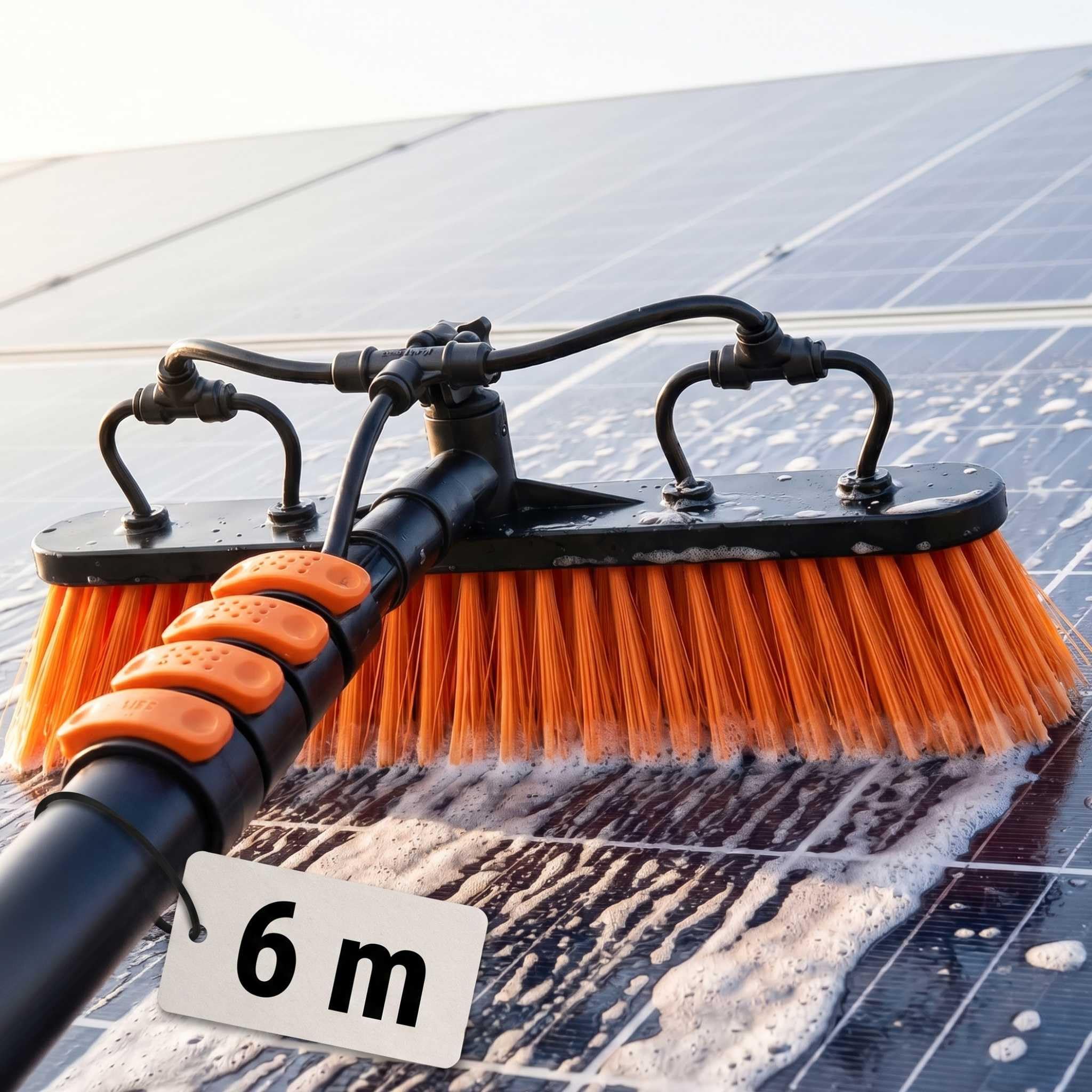 Briliantwerk® Teleskop Waschbürste mit Wasseranschluss | 6 m Reichweite | Wasserbürste für PV Anlage und Solarpanel Reinigung, Wintergarten, Terrassendach, Glasdach und Fensterreinigung