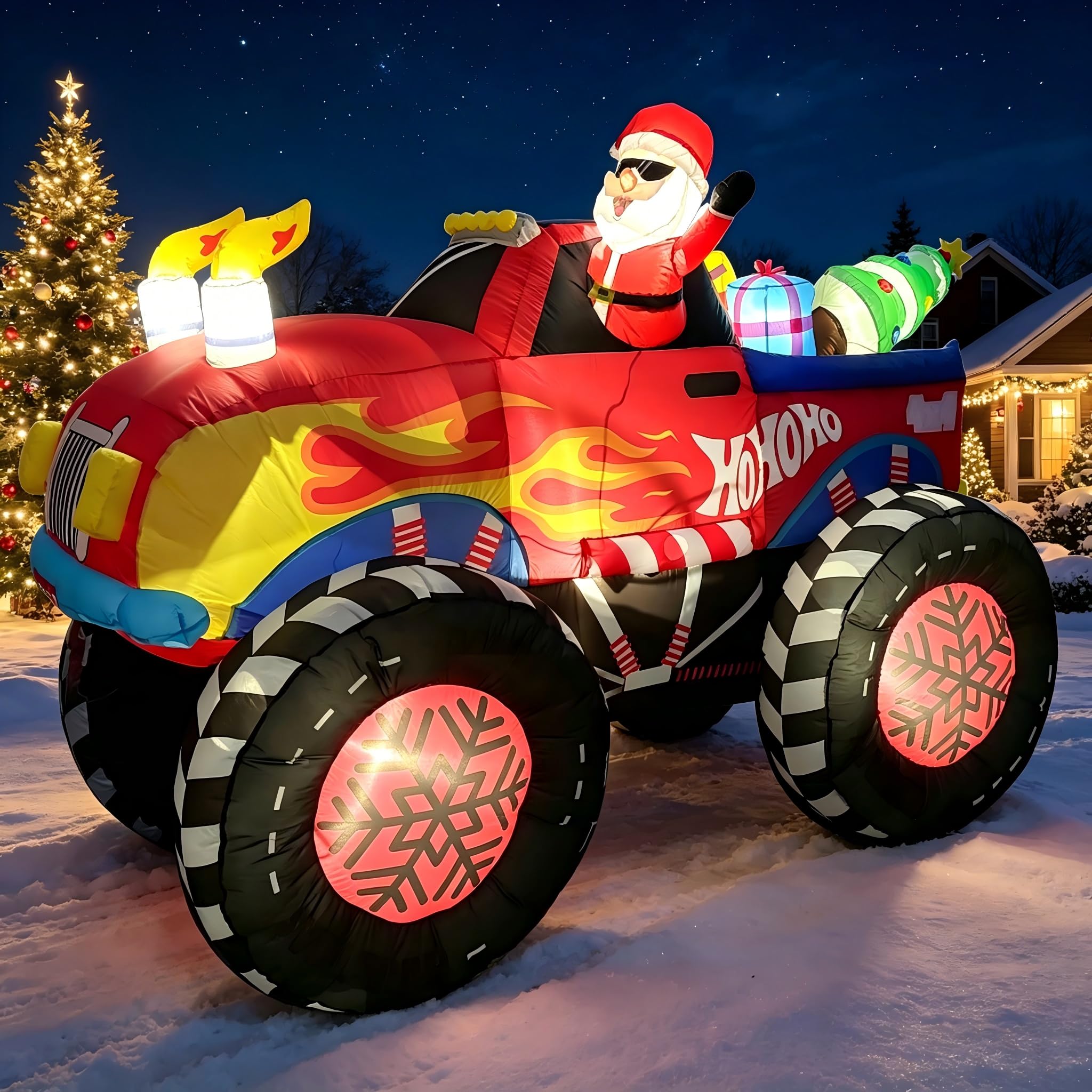 2,5 m großer aufblasbarer Weihnachtsmann-Truck: Der Weihnachtsmann mit Sonnenbrille winkt aus dem Truck, der Geschenkboxen und einen Weihnachtsbaum transportiert – perfekt für Terrasse und Garten