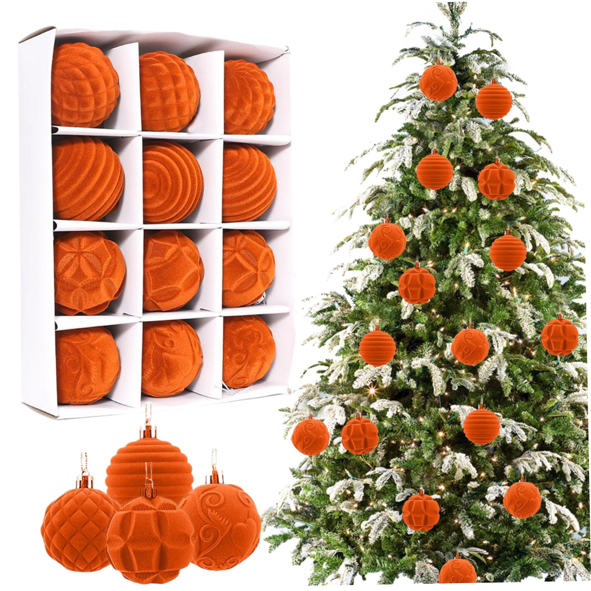 Velvet Christmas Balls 12Pcs Textured 2.36in Flocked Christmas Ball Ornaments Orange Hanging Velvet Ornaments for Tree Wreath Garland Balls, Ball Or