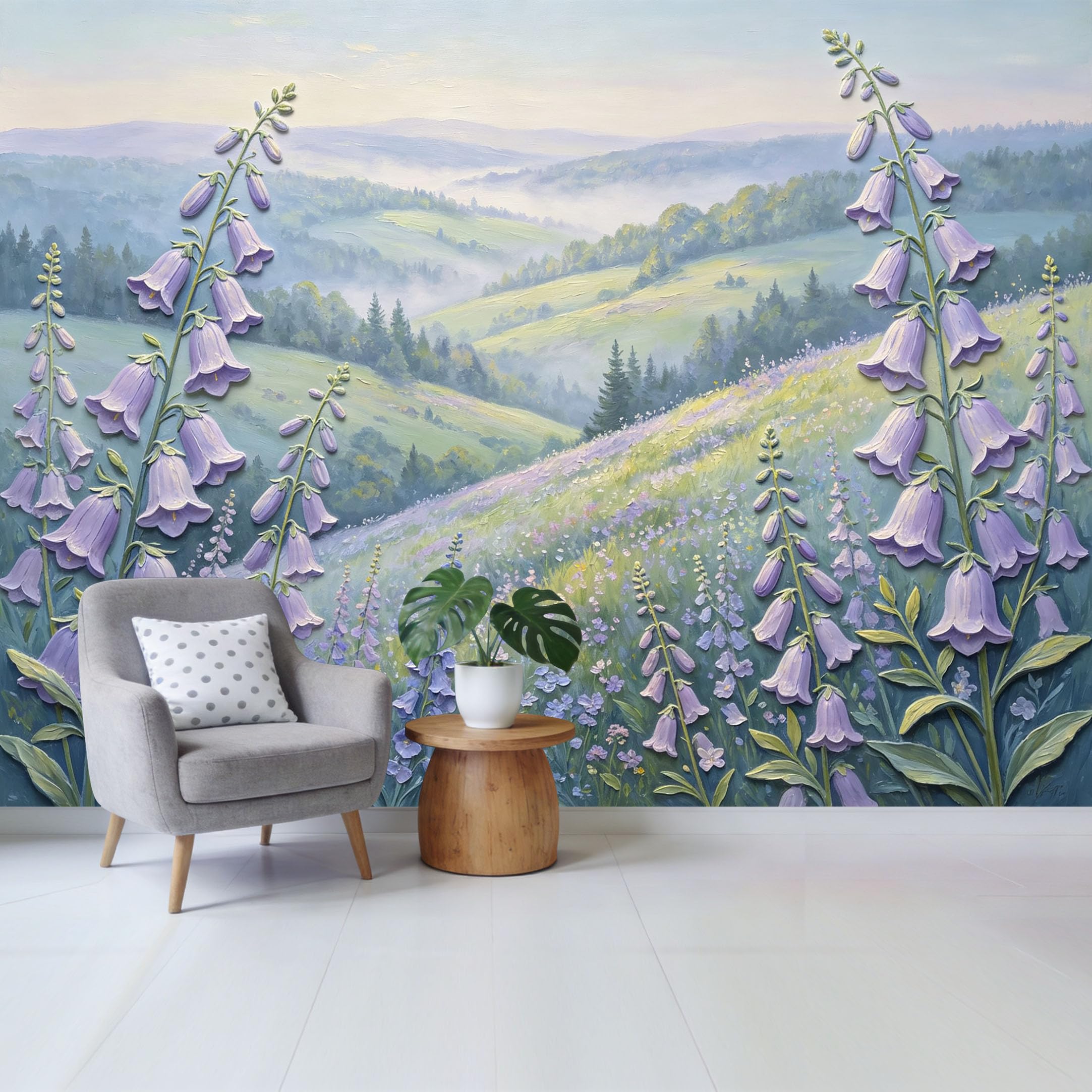 Qzlithotic Yq2605251060 Custom Size Wall Mural Purple Bellflower Landscape Misty Mountain Valley Oil Painting Style Selfadhesive Wall Fabric Removable Wallpaper For Home Office Decor