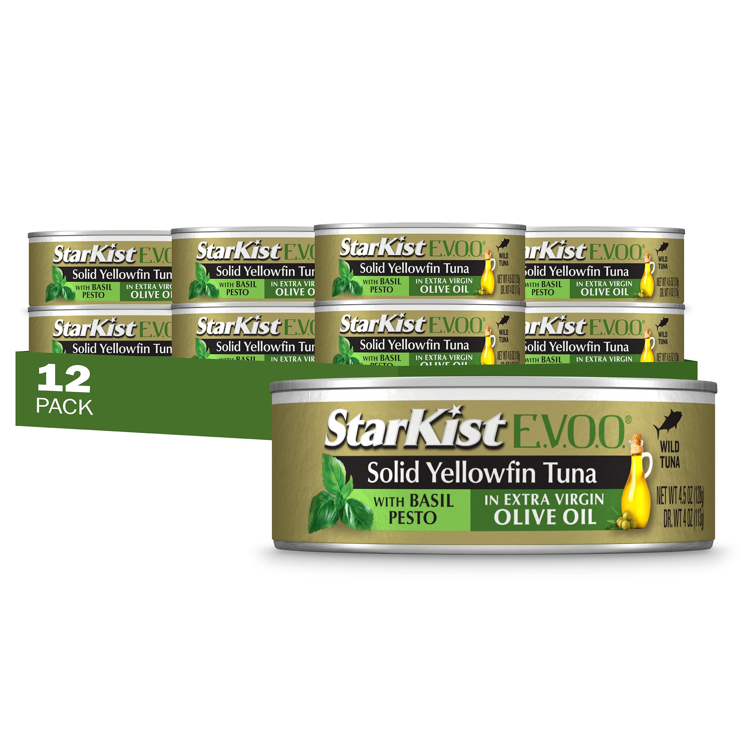 StarKist E.V.O.O. Solid Yellowfin Tuna, Basil Pesto, 4.5oz Can, 12-Pack | 28g of Protein Per Serving, Features Extra Virgin Olive Oil, Wild Caught Tuna, Gluten Free, Soy Free, Omega 3s