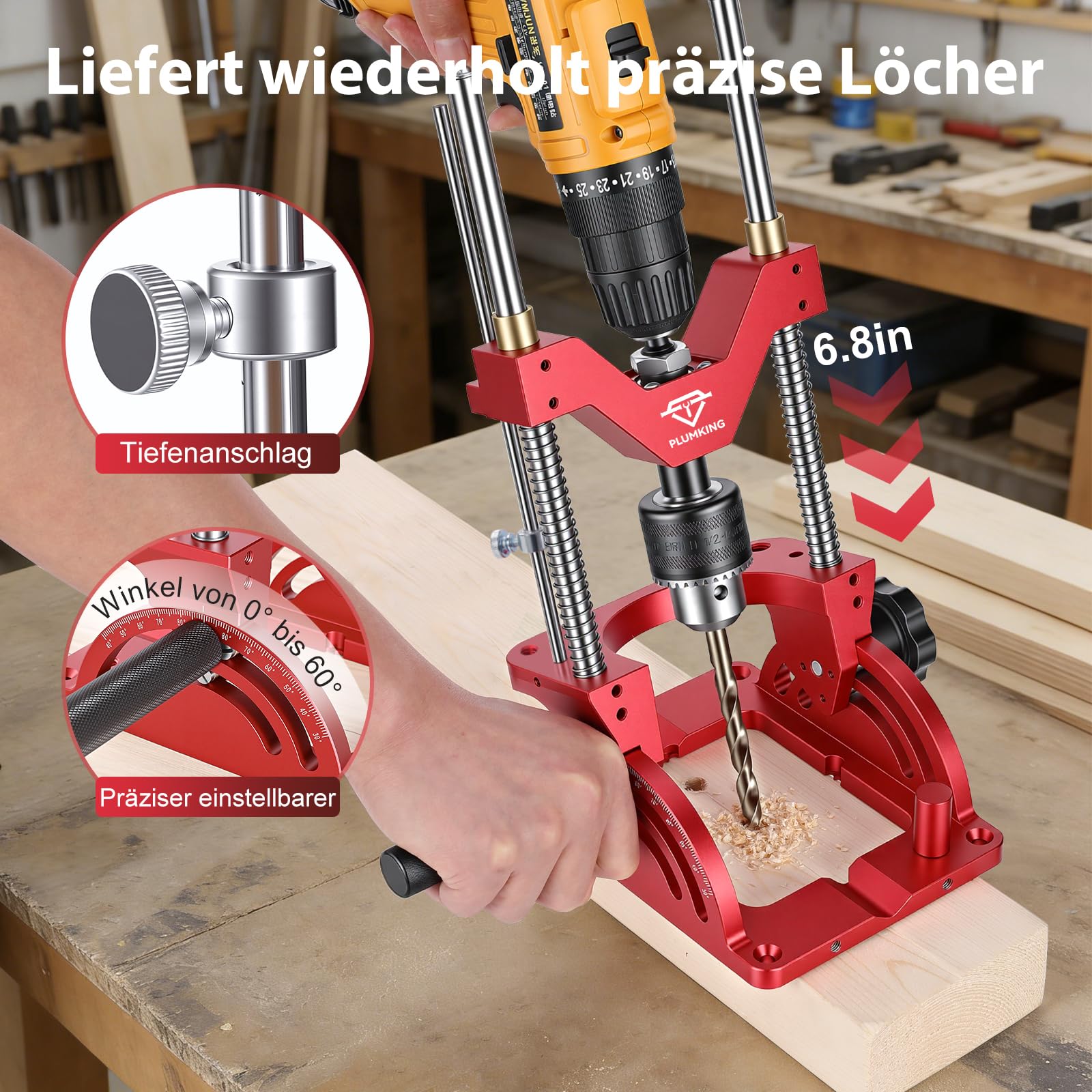 Tragbare Bohrhilfe zum präzisen Bohren im Winkel oder gerade, 0° bis 60° Winkel-Bohrlehre, Bohrständeradapter für Handbohrmaschine, tragbarer Bohrständer mit 1/2" Bohrfutter