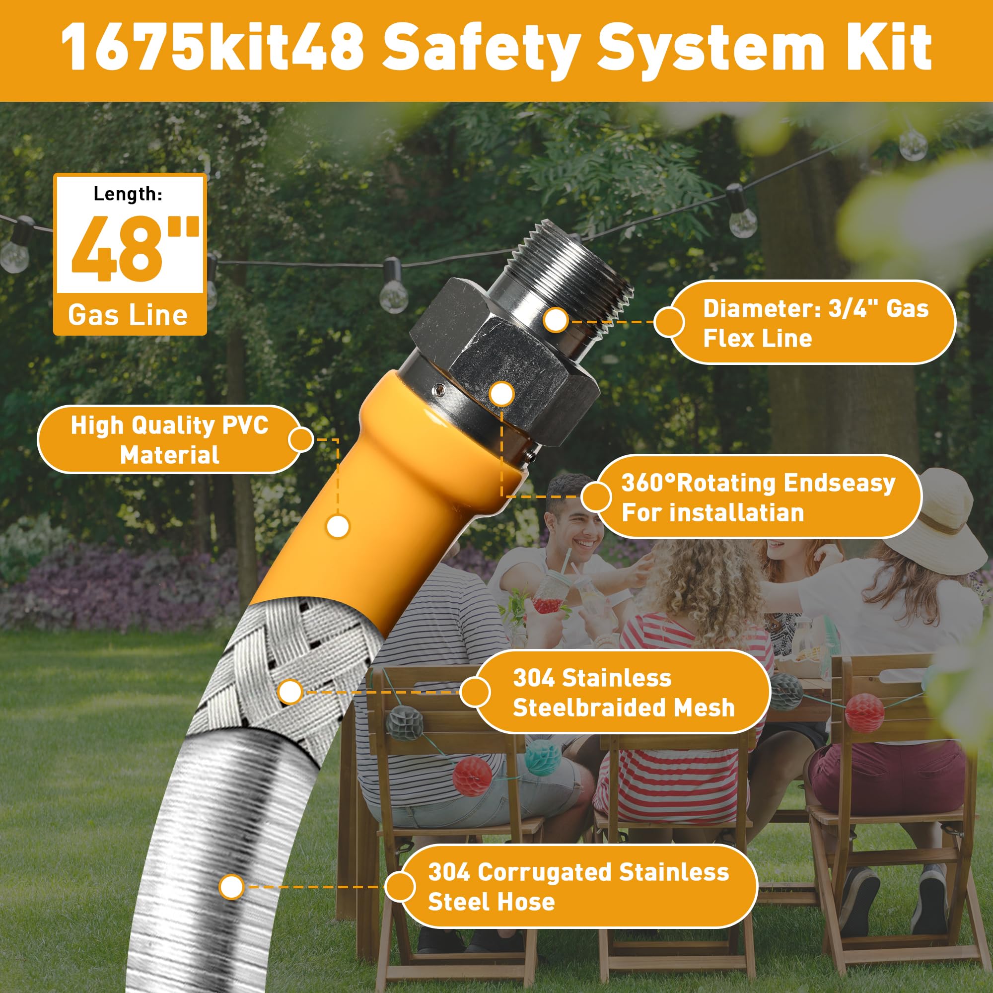 1675kit48 Sicherheitssystem-Kit, 48 Zoll Gasschlauch-Anschluss-Kit mit vollem Anschluss 1,9 cm Schnelltrennung, 3/4 Gas-Flexleitung und 2 Winkelarmaturen, Gasleitungsschlauch für Küchenausrüstung