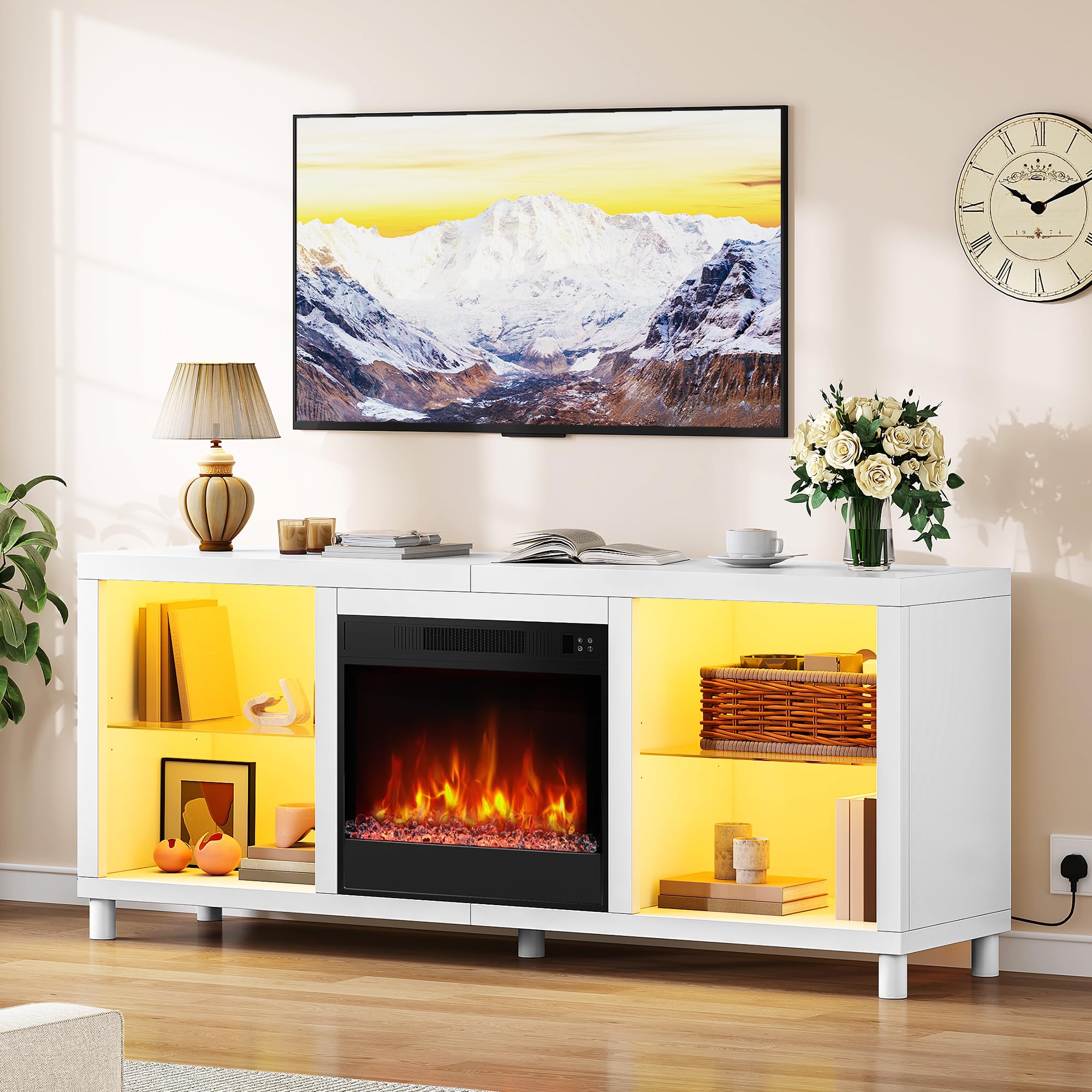 YITAHOME Electric Fireplace Insert TV Stand, 65" TV Unit with Open Storage