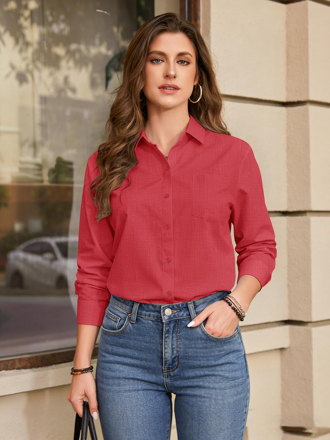 Womens Cotton Linen Textured Shirt Long Sleeve Button Down Collared Blouses Dressy Casual Gauze Tops with Pocket Breathable image 3