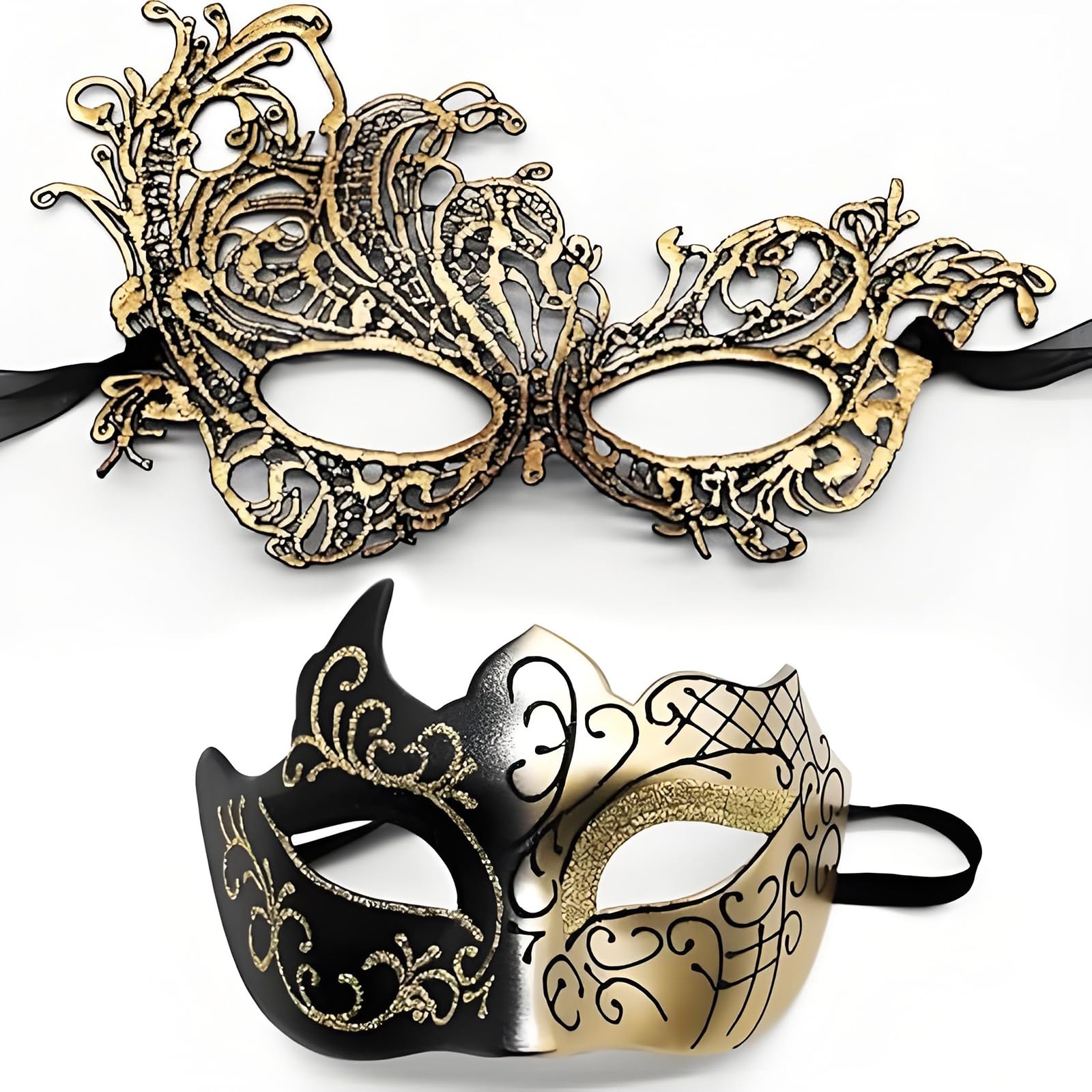 AMWYODK Couple masquerade mask set, masquerade mask men, Venetian mask, thickened lace mask, Halloween, carnival, carnival mask.(gold)