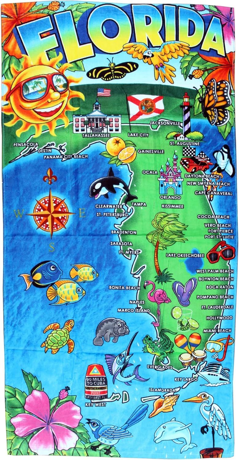 BUYYOURTIES Luxurious - Hot Florida Map Sunshine State - 100% Cotton Velour Beach Towel – Soft, Absorbent, and Stylish!
