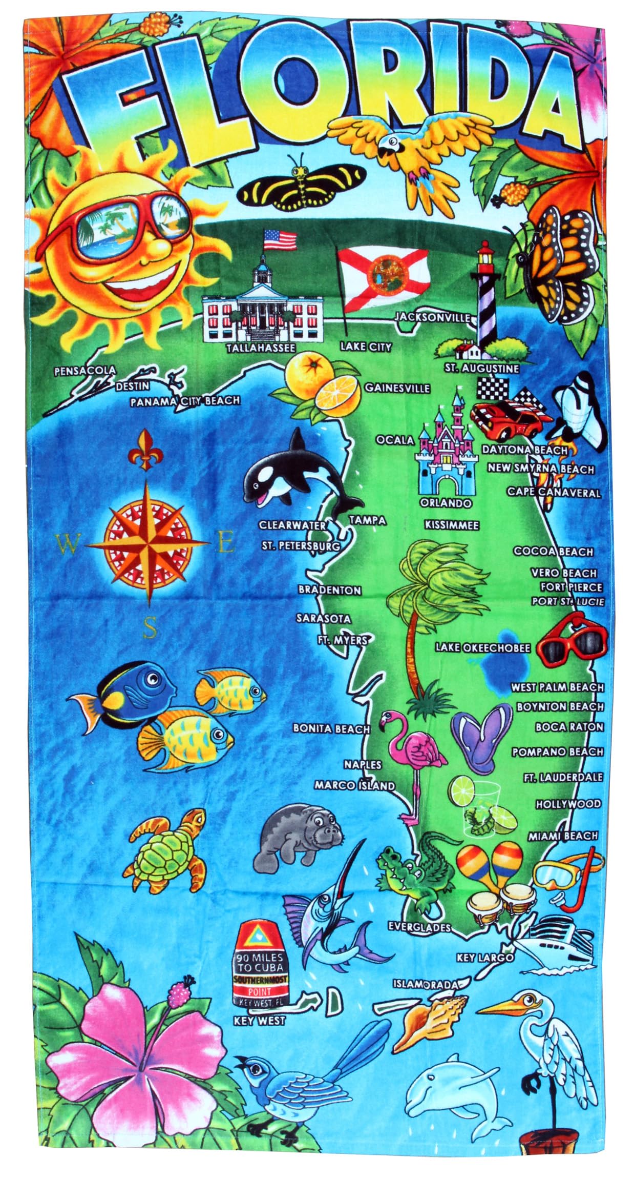BUYYOURTIES Luxurious - Hot Florida Map Sunshine State - 100% Cotton Velour Beach Towel – Soft, Absorbent, and Stylish!
