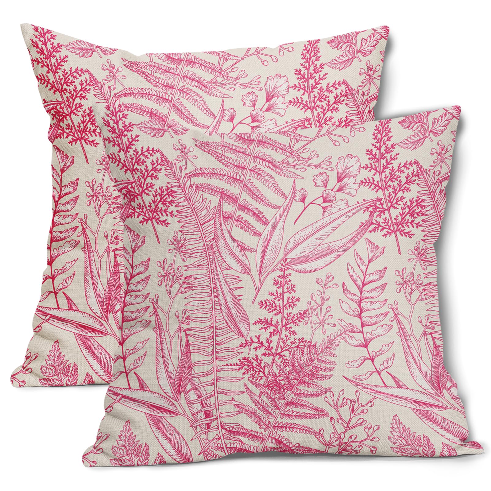 Kawani Hot Pink Leaf Plant Pillow Covers 18X18 Inch Herbs Botanical Fern Vintage Leaves Floral Decorative Pillow Cases Set of 2 Throw Pillows