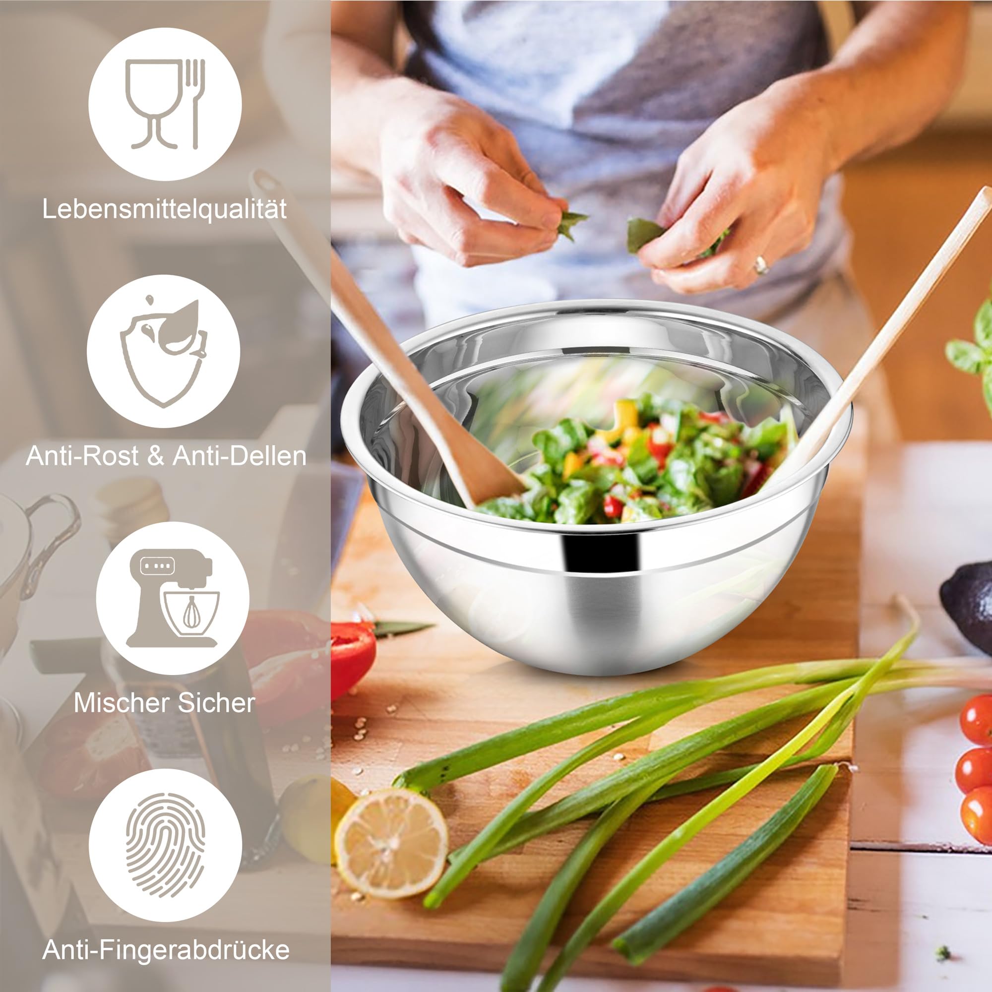 Joyfair Rührschüssel, 4,5 L Edelstahl Salatschüssel Schüssel mit Luftdichten Deckel & Abnehmbarem Deckel, Schüsseln mit 3 Reibenaufsätzen zum Backen/Kochen/Zubereiten, Spülmaschinenfest - Khaki