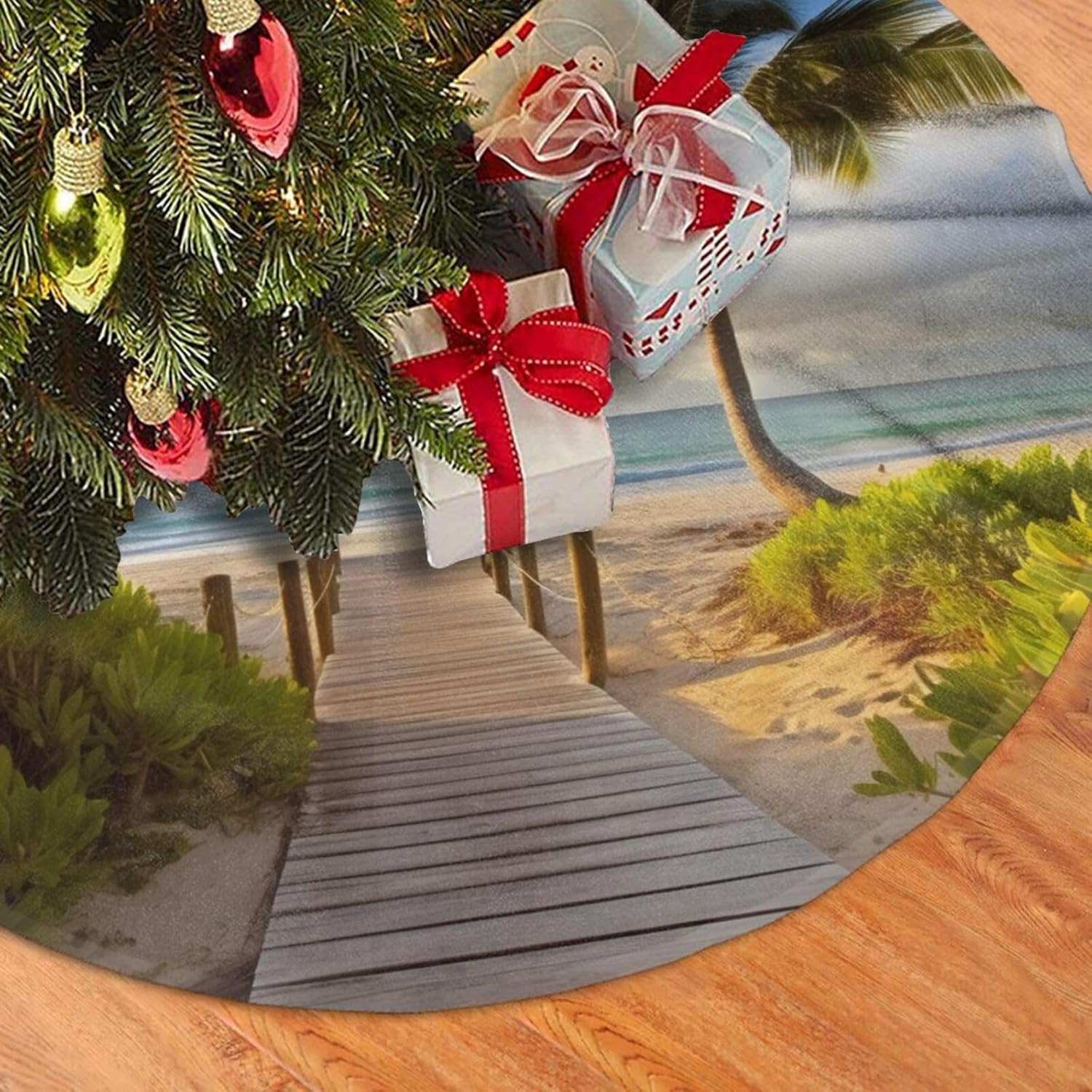 48 Inch Christmas Tree Skirt White Plush Palm Trees Beach Christmas