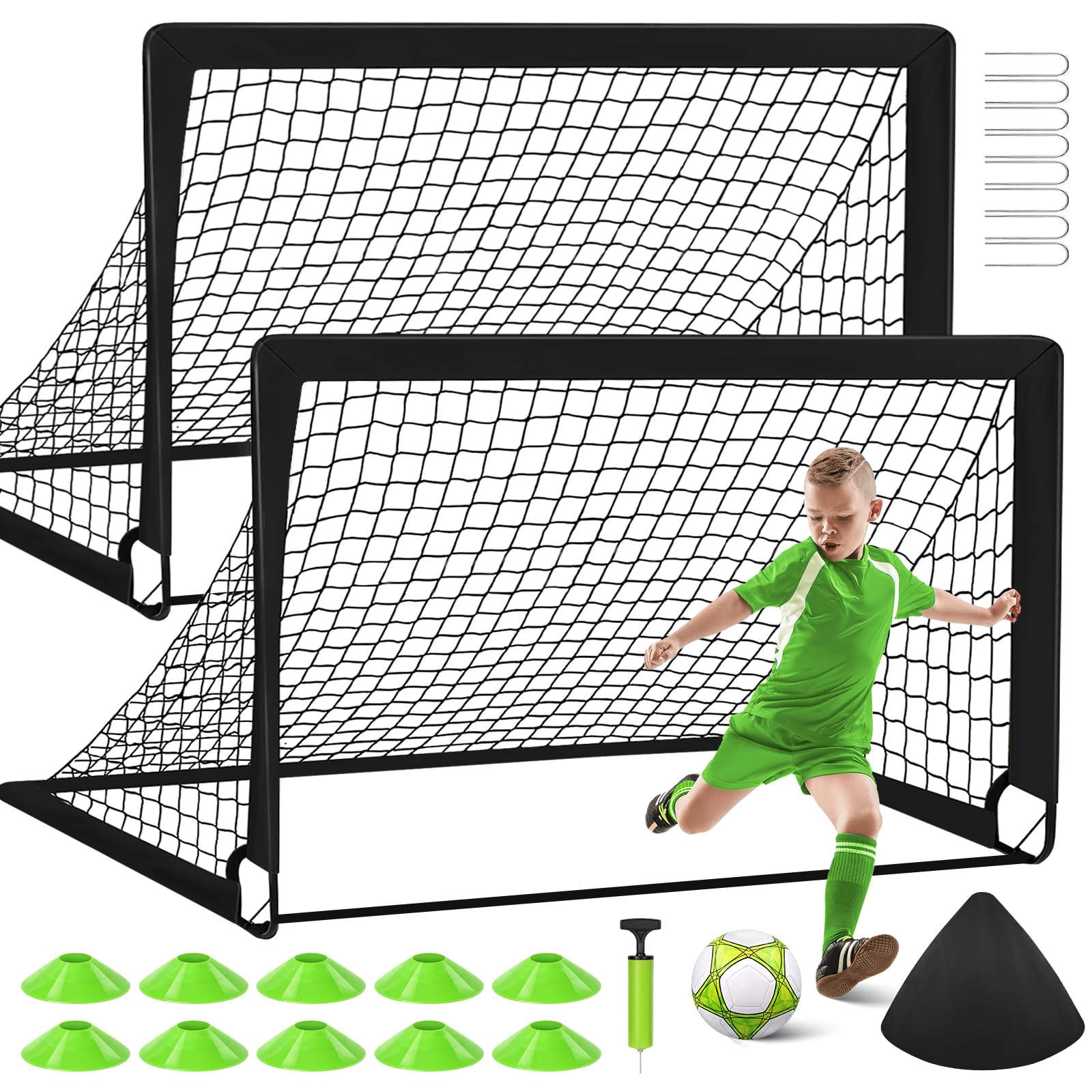Porteria Futbol Niños para Patio, 2 Porterías de 1,2 x 0,9 m, Portátil, Equipo de Entrenamiento con Balón, 10 Conos, Bolsa de Transporte, Red de Práctica para Jóvenes, Deportes