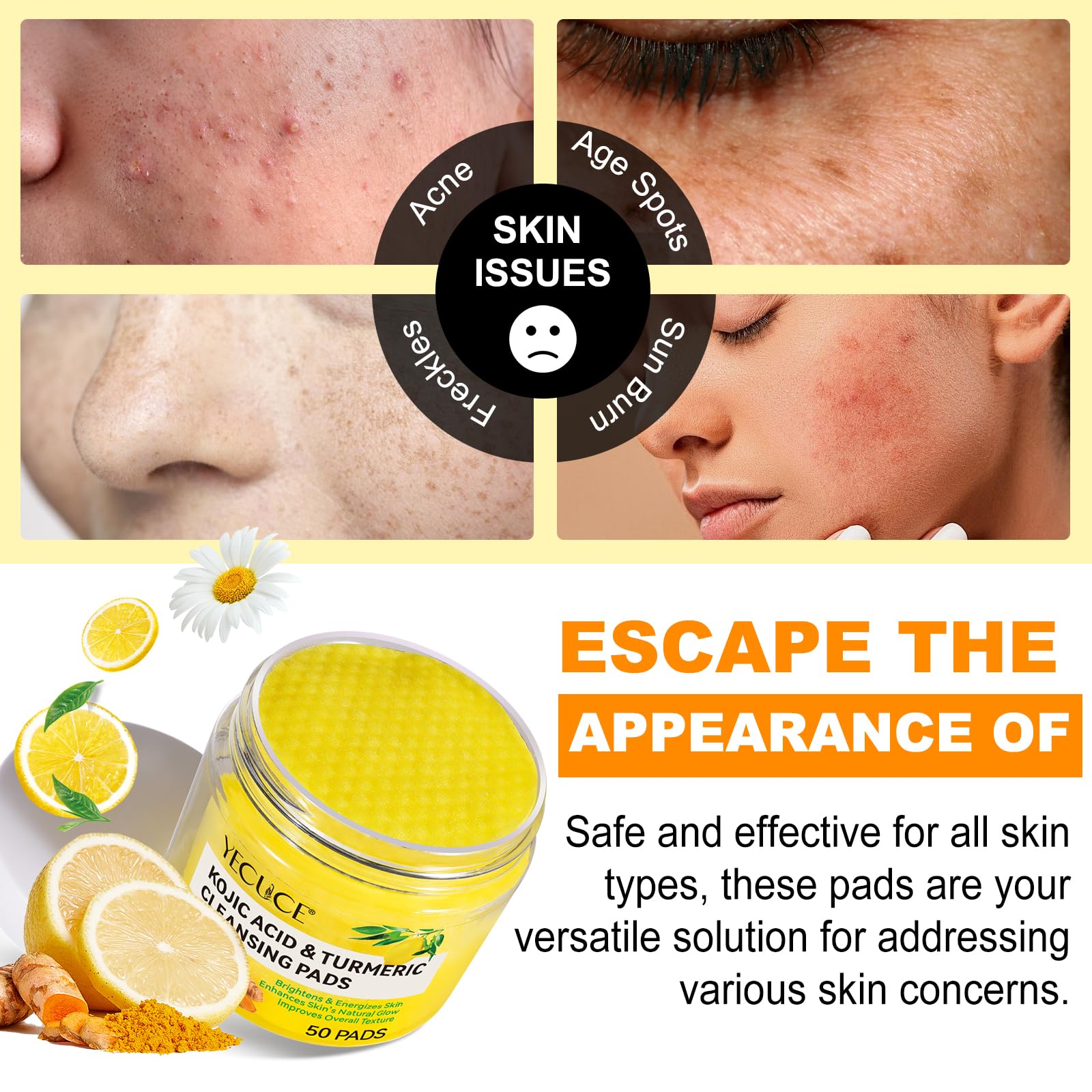 Kojic Acid and Turmeric Cleansing Pads, Exfoliating Face Pads Cleansing Cotton, Turmeric Pad, Exfoliating, Acne Scars - Image 4