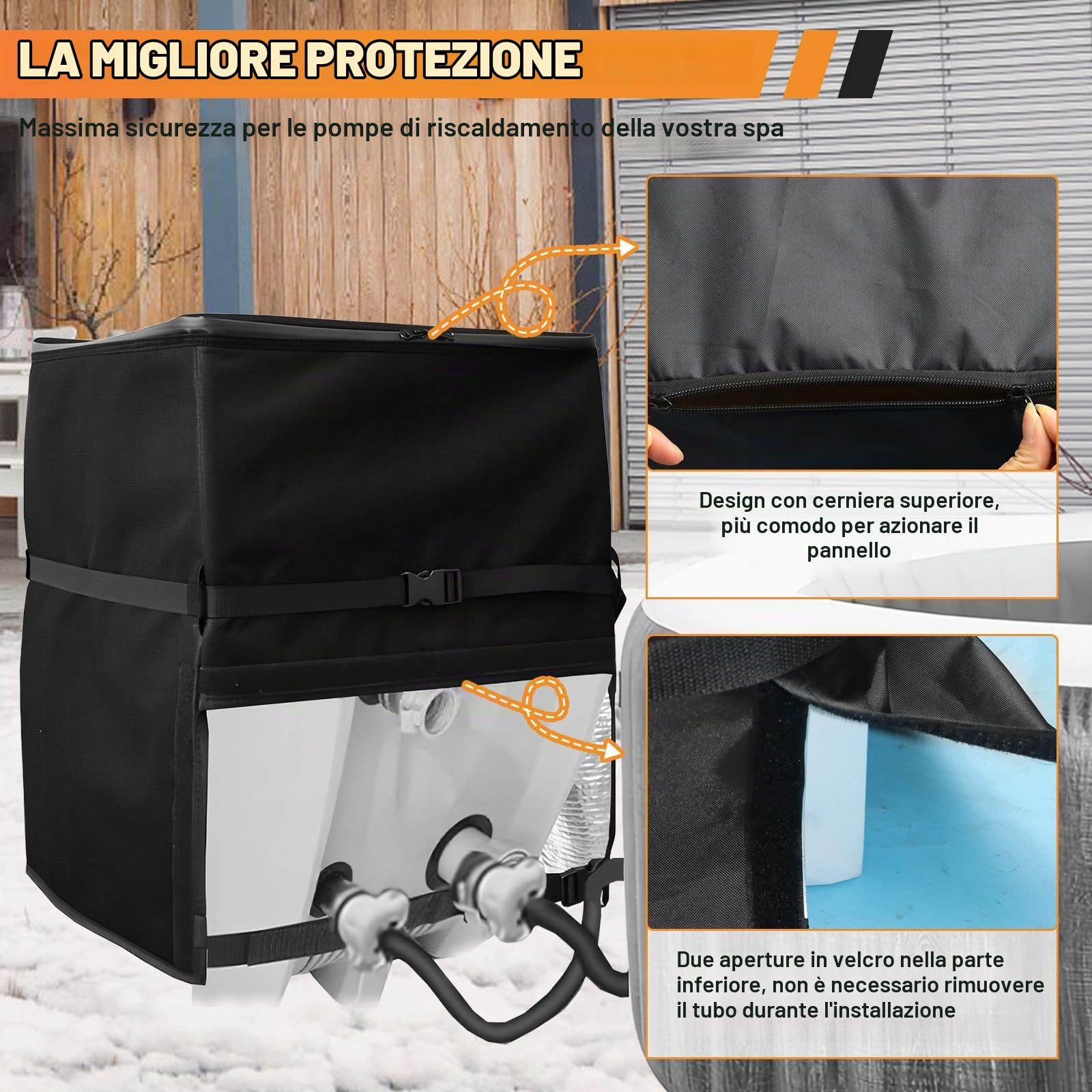 Copertura per Pompa Calore per Vasca idromassaggio con isolamento, tessuto Oxford 600D con Custodia, Cinghie Regolabili Copertura per Pompa Bagno Gonfiabile isolata per Spa