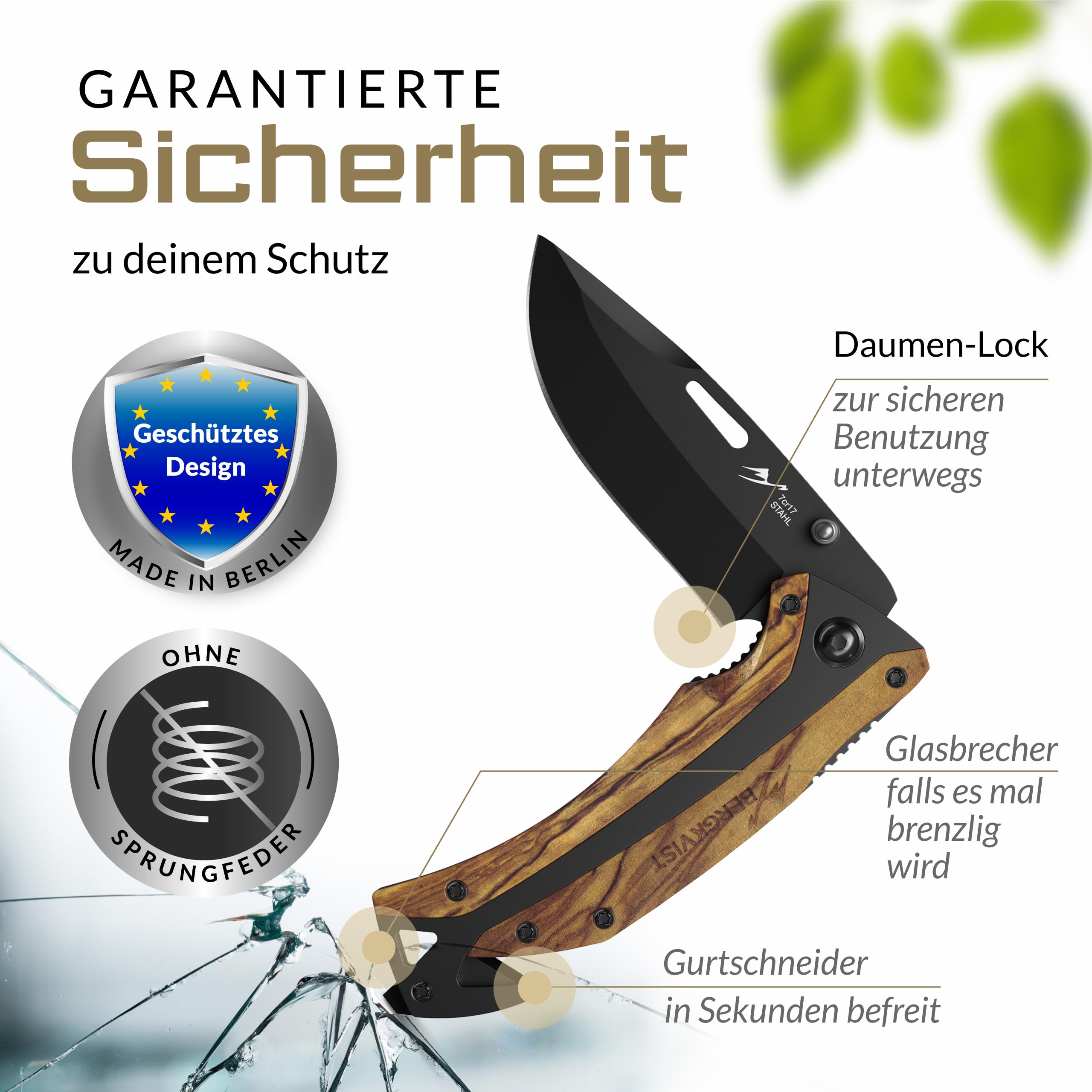 BERGKVIST® K29 Klappmesser Tiger (Einhandmesser) - 3-in-1 Taschenmesser aus Echtholz für Outdoor, Camping & Survival - ausgezeichnet mit dem Bronze A' Design Award 2021 - inkl. Feuerstahl & Tasche
