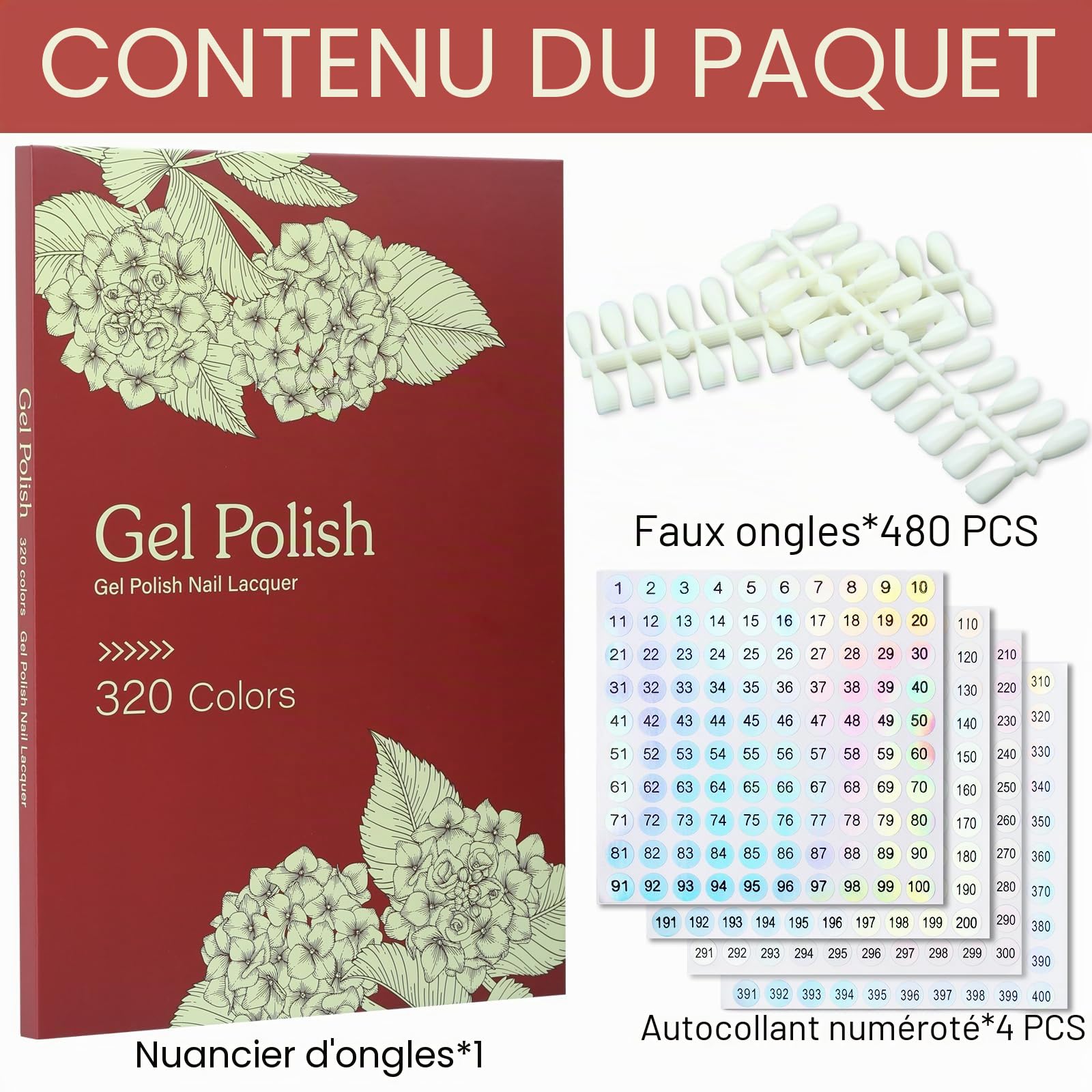 320 Nail Polish Display Book,Carta colori professionale per unghie Nail Art Nails Colour Display Book con 480 Nail Tips e 1-400 numeri adesivi,strumenti da salone per Nail Art Design (Rosso)