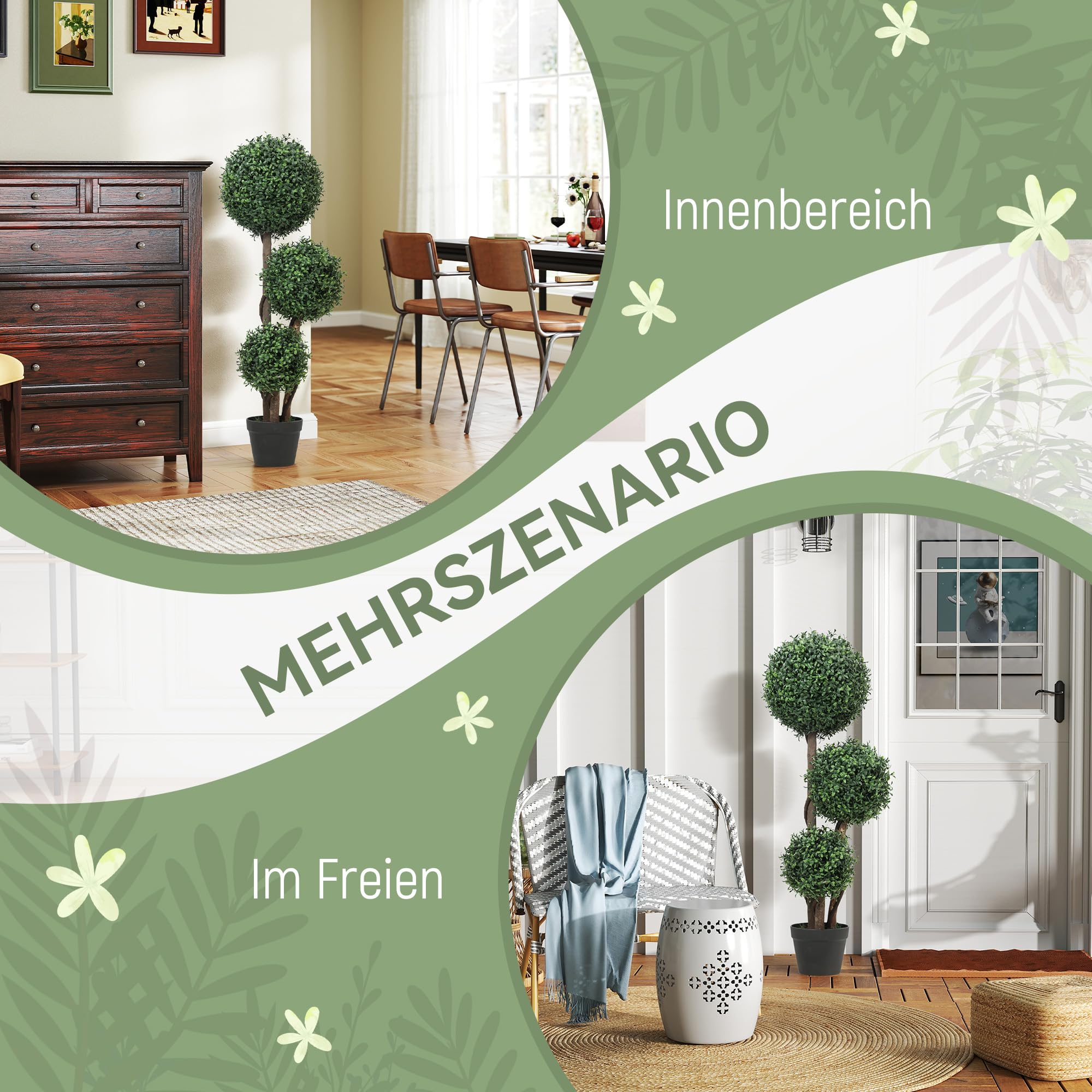 HOMCOM Künstliche Buchsbaumkugel groß 100cm dreikugelig Kunstpflanze mit UV-Schutz, Plastik Künstliche Pflanze mit Holzstamm im Topf, Fake Plant wie echt für Wohnzimmer Schlafzimmer Büro Garten