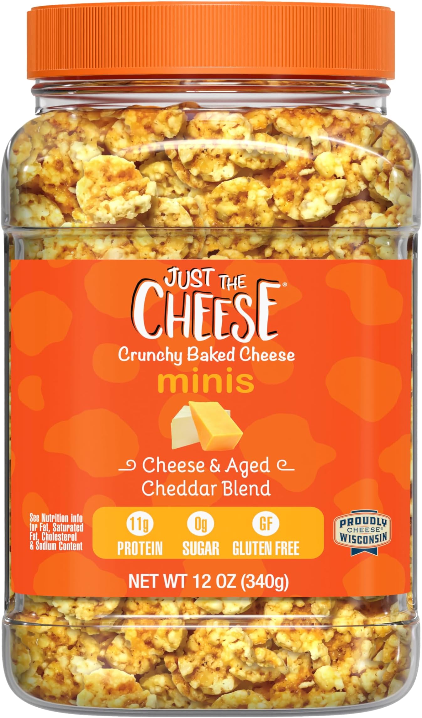 Minis – Cheese & Aged Cheddar Blend Crisps, 12 oz Jar, Delicious Low-Carb Lifestyle Protein Chips, High-Protein, Gluten-Free Crisps, Keto-Friendly, Zero Sugar, Perfect Snack for Adults