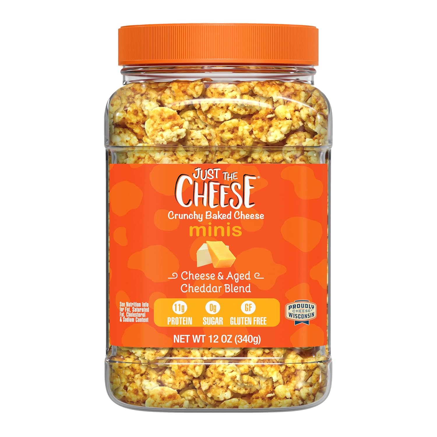 Just the Cheese Minis Cheddar Blend Crisps, 12oz Jar - High Protein Keto Snacks, Low Carb Gluten-Free Cheese Chips, Zero Sugar Crunch