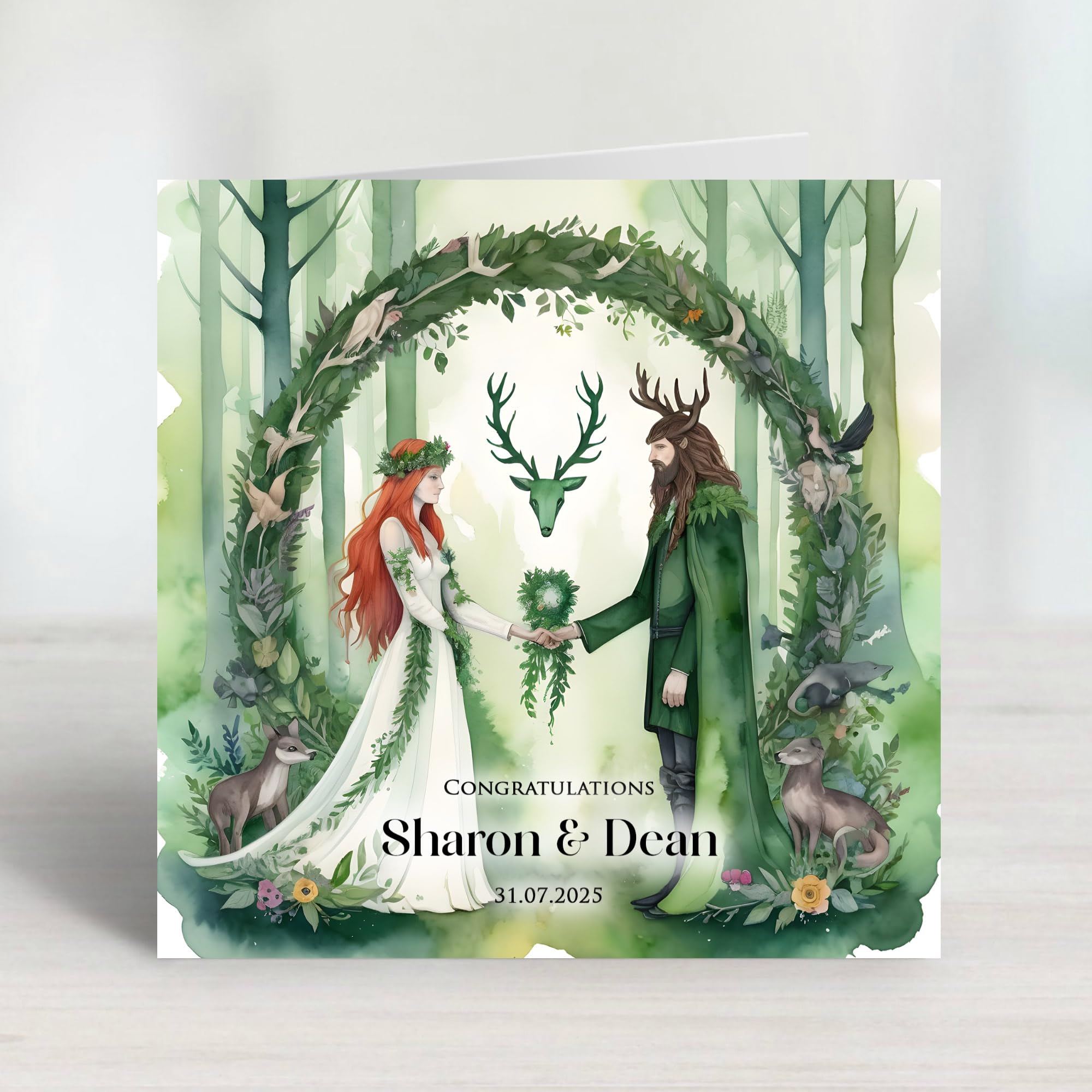 Personalised - Magical Ethereal Green Forest Animals Pagan Wedding, Engagement, Anniversary, Handfasting Ceremony Card