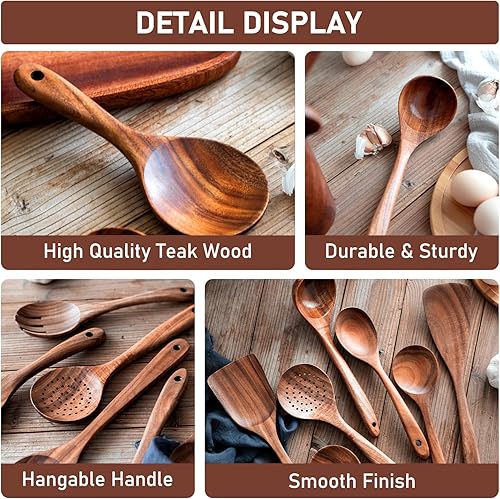 Miniatura 8 de FJNATINH Juego de utensilios de cocina de madera antiadherentes de 7 piezas, utensilios de cocina naturales y saludables (7 piezas)