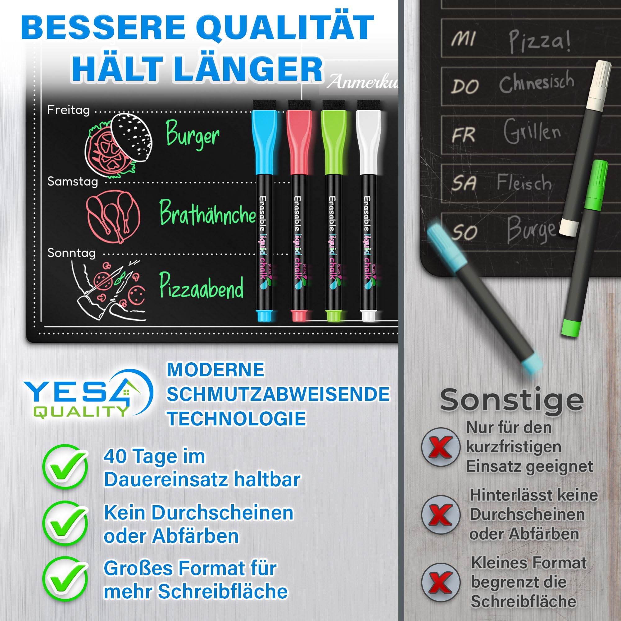 A3 Magnetic Dry Erase Menu Board for Fridge - 40 x 30 cm - Magnetic Black Schedule Board Kitchen Weekly Meal Planner With 4 Markers and 1 Cleaning Cloth - by Yes4Quality