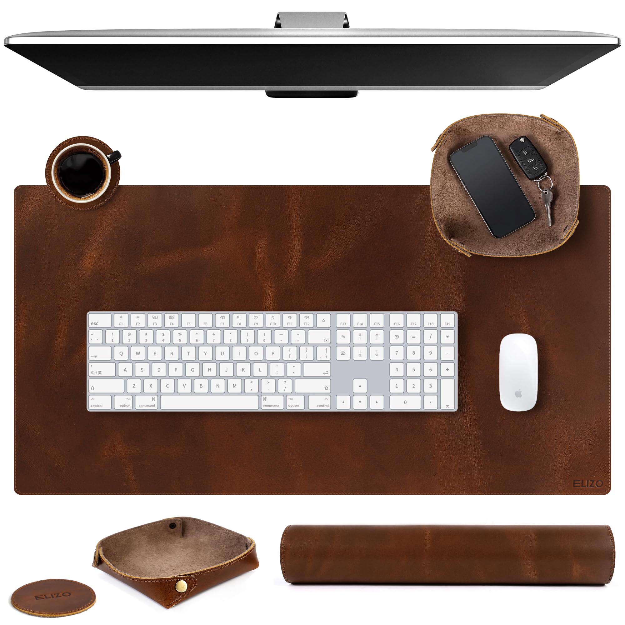 ELIZO Sottomano da scrivania in vera pelle, spesso 3 mm, a doppio strato (31 x 15,6 cm), protezione per scrivania, tappetino per tastiera, mouse, tavolo, laptop, accessori per scrivania da ufficio