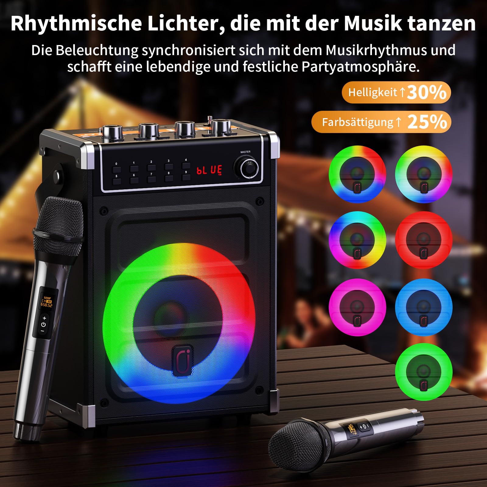 JYX Karaoke Maschine mit 2 Mikrofonen und Fernbedienung, Holzgehäuse,180W Peak, 2" Hochtöner & 6,5" Tieftöner, Bass/Echo/Mikrofonlautstärke einstellbar, TWS/TV, für Familienfeiern,Gartenpartys,BBQ