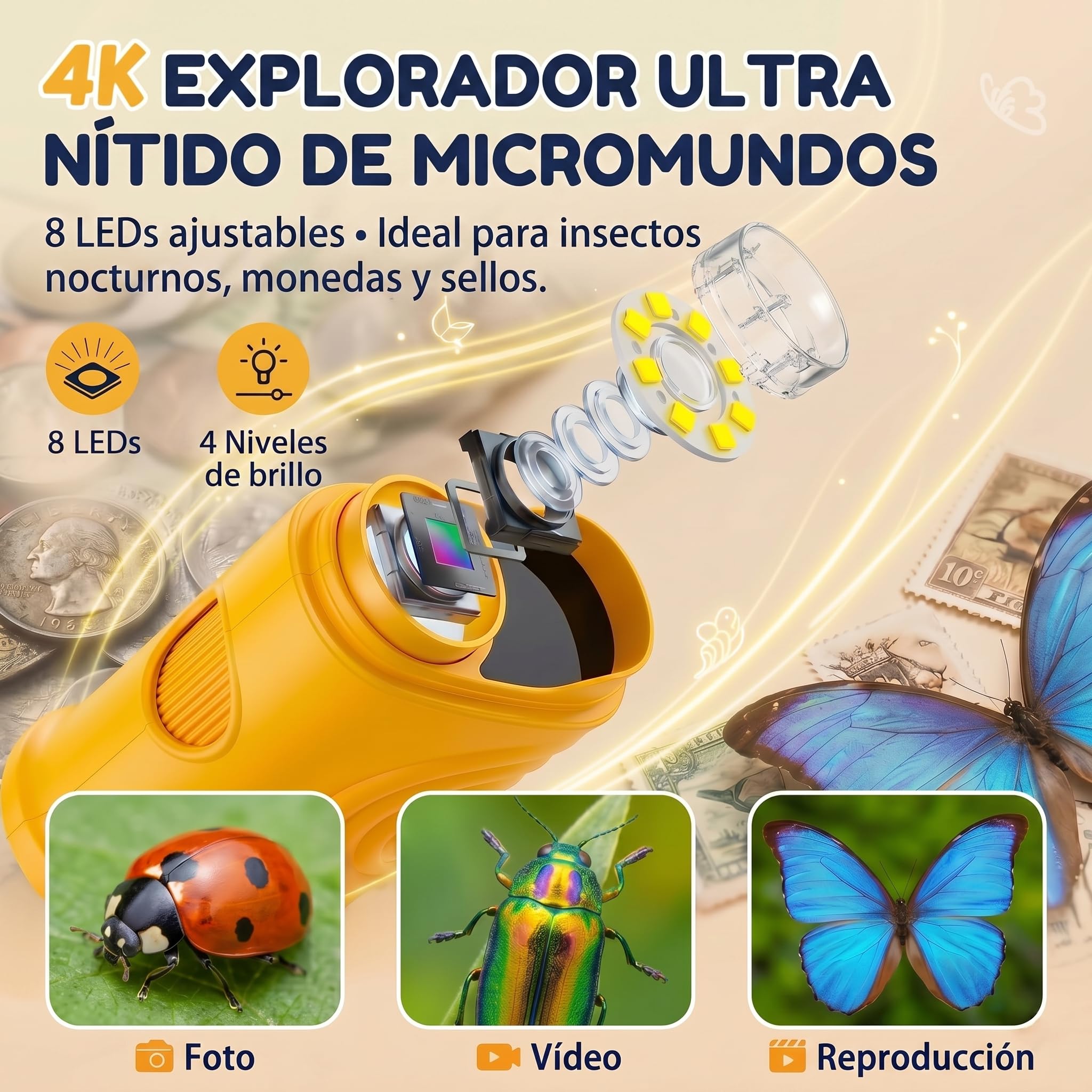 Microscopio para Niños, Microscopio Digital Infantil 4K Pantalla IPS 2.4" Zoom 1000X, Lupa Portátil 8 LED y Cámara Vídeo, Juguetes Stem Regalo Cumpleaños Niño y Niña 3-12 Años - Mandarina