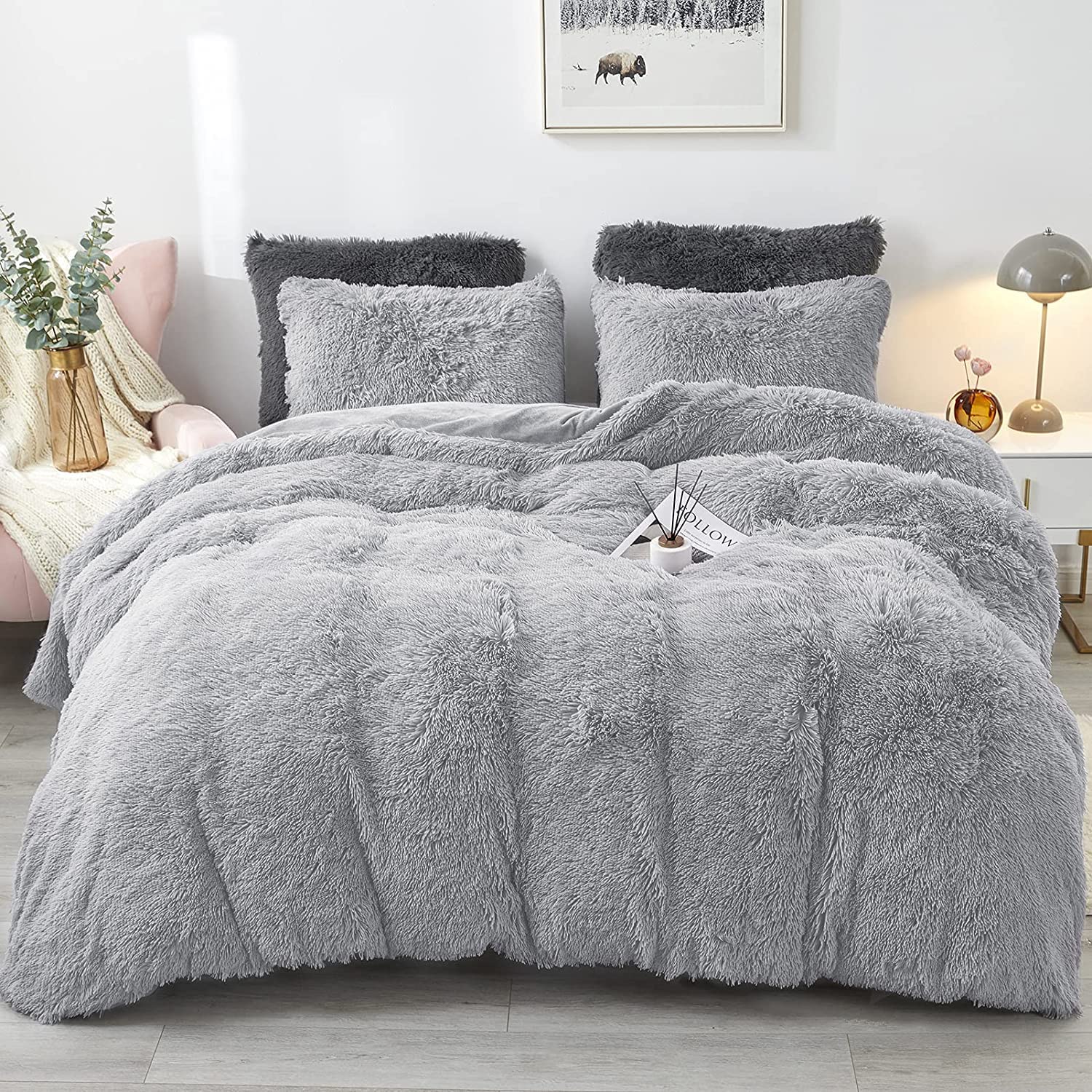 Lanqinglv - Funda de edredón de 220 x 240 cm, Color Gris Claro, Franela, Invierno, cálido, Mullido, 2 Fundas de Almohada de 65 x 65 cm