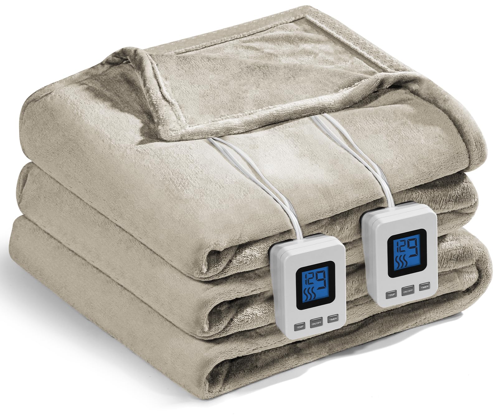 Shodu Heated Blanket,Fast Heating&Over-Heat Protect Electric Blanket,Dual Controller,ETL Certification,9 Heat Settings 1-12 Hours Auto Off (Khaki, King 100''×90'')
