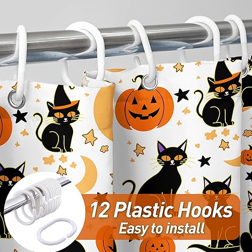 Miniatura 6 de Cortina de ducha de Halloween de 72 x 72 pulgadas, cortinas de ducha de gato negro para baño con ganchos, decoración de baño de Halloween, hogar,