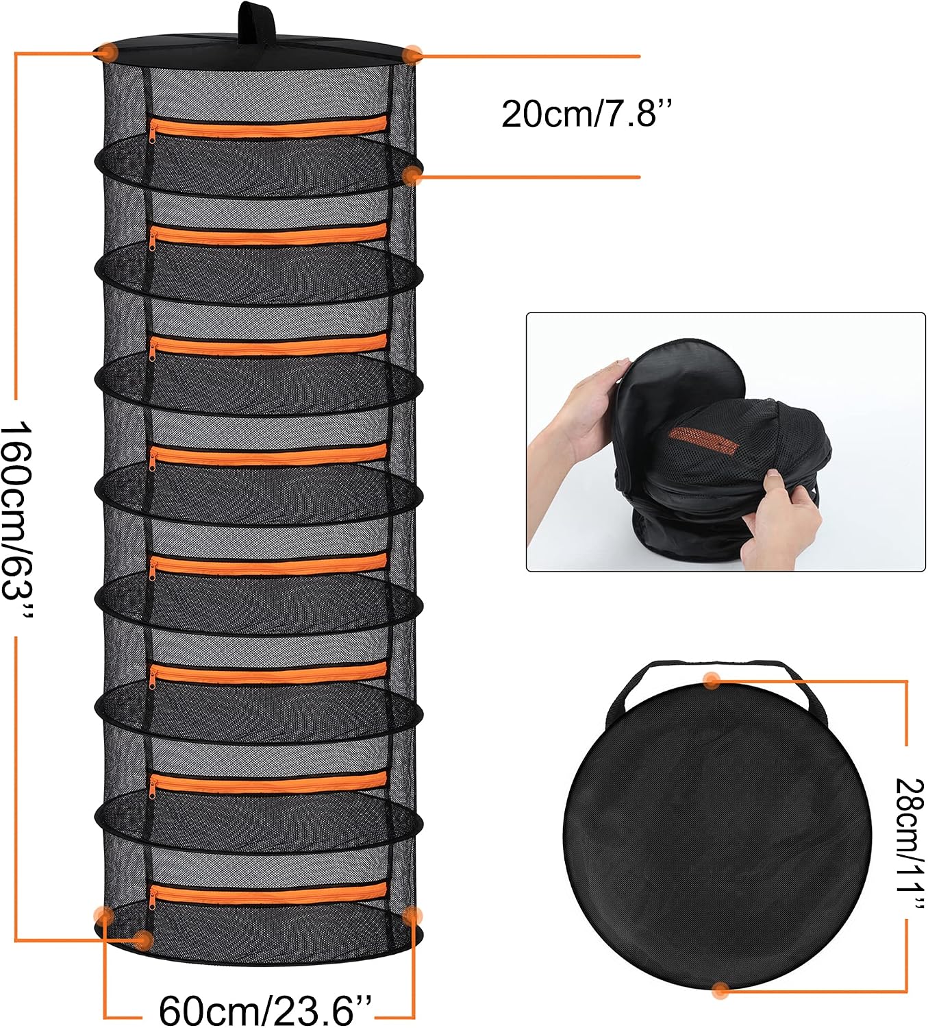 Desy & Feeci 8 Layer Mesh Hanging Herb Drying Rack Dry Net with Gardening Shears (D24xH63 inch), Orange, 8 Tier - Image 3