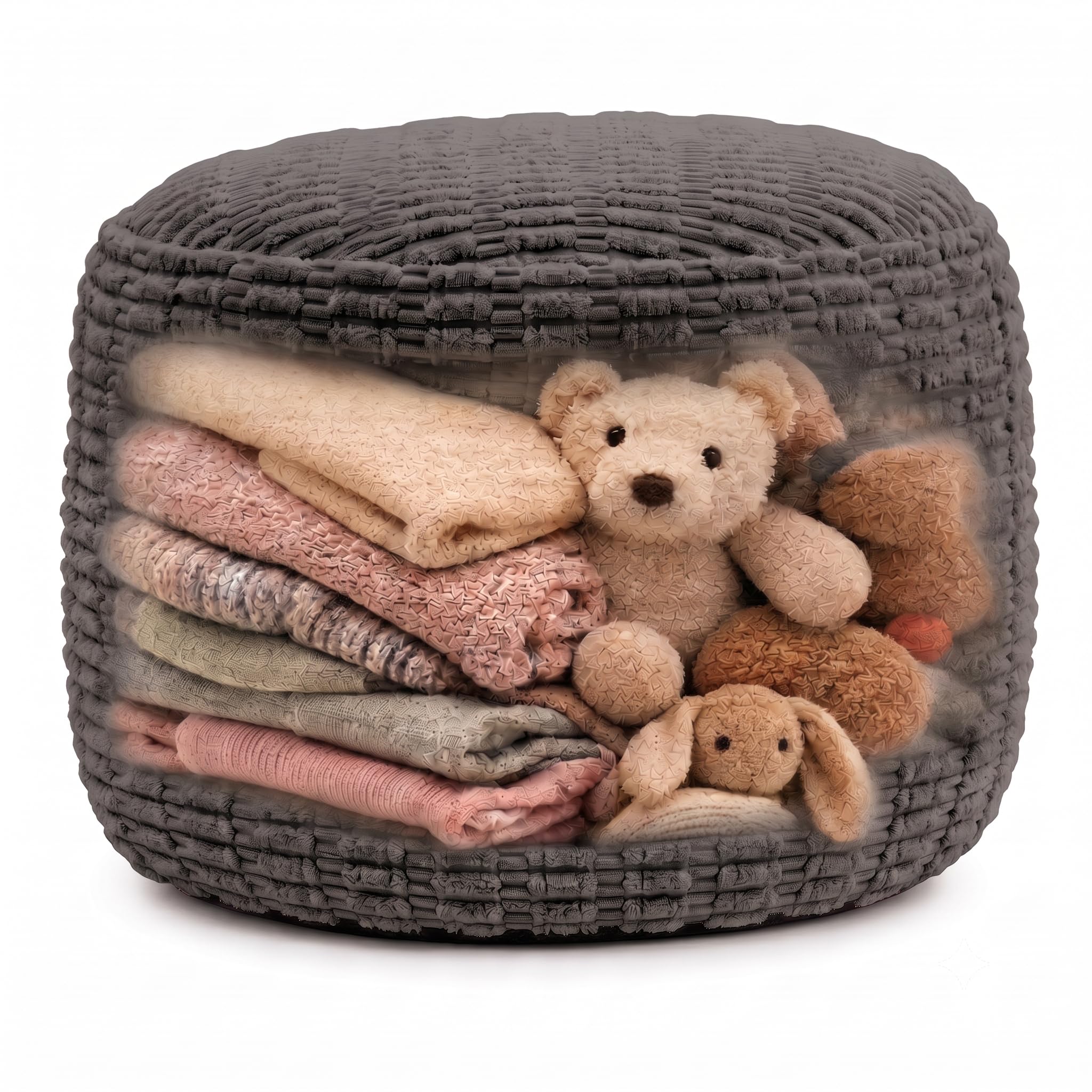 Round Pouf Ottoman Cover Only, Charcoal Gray, 24"x14", Storage Cover