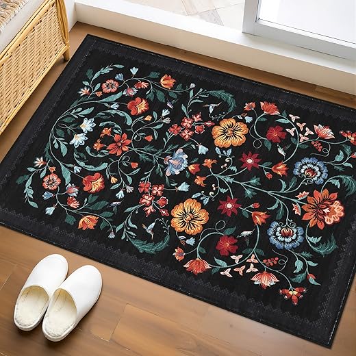 Floral Rug for Entryway 2x3 Rugs Machine Washable Boho Small Area Rug Non-Slip Low-Pile Front Door Soft Mat for Entrance, Bedroom, Kitchen, Laundry, Bathroom, Black
