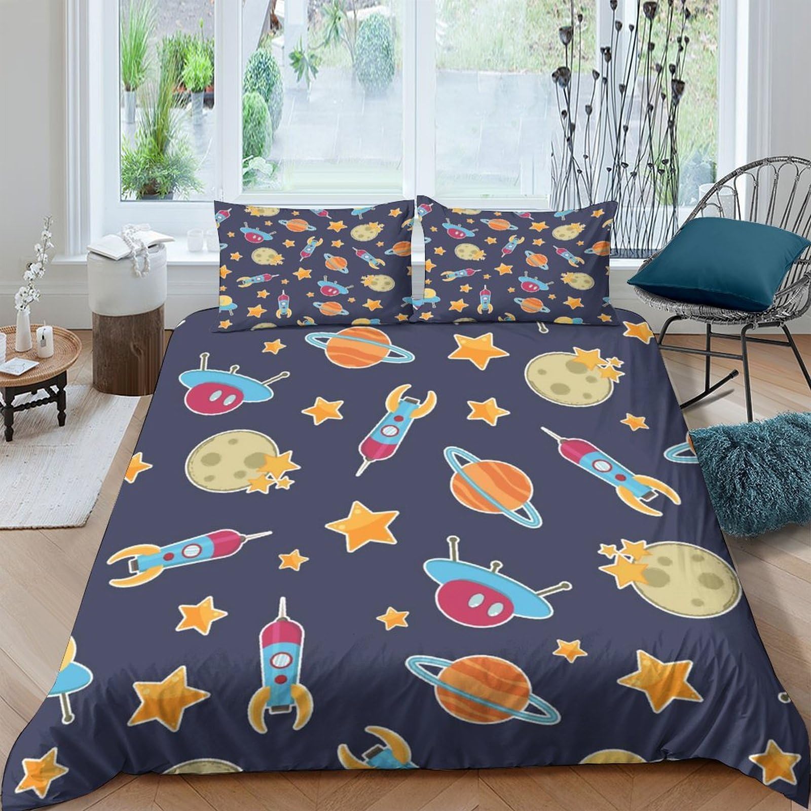 Ctjqhvkz Style-6 3D Printed Space Rocket Fitted Sheet Microfiber Soft Breathable Planet Mattress Cover For Bedroom Dorm Decor Single（135X200cm）