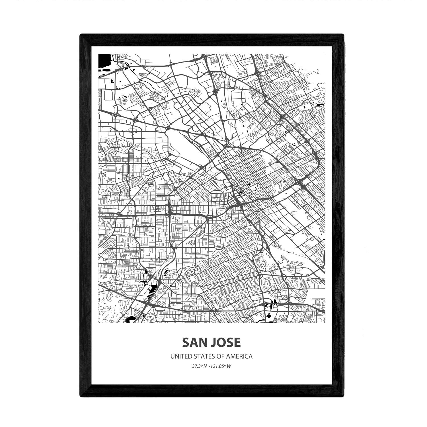Nacnic Poster with map of San Jose - USA. Sheets US cities with seas and rivers in black color. A4 size