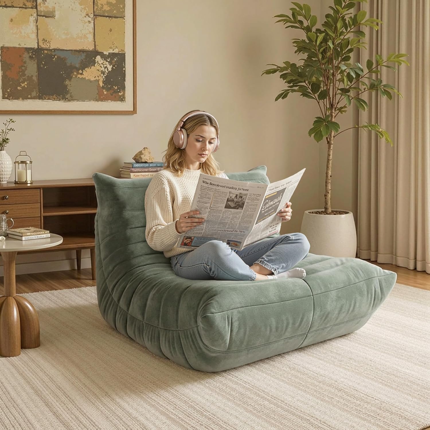 Bean Bag Chair for Adults – Single Memory Foam Chair with Luxury Fabric, Compressed Sofa in a Box for Living Room, Bedroom & Home Office (Light Green)