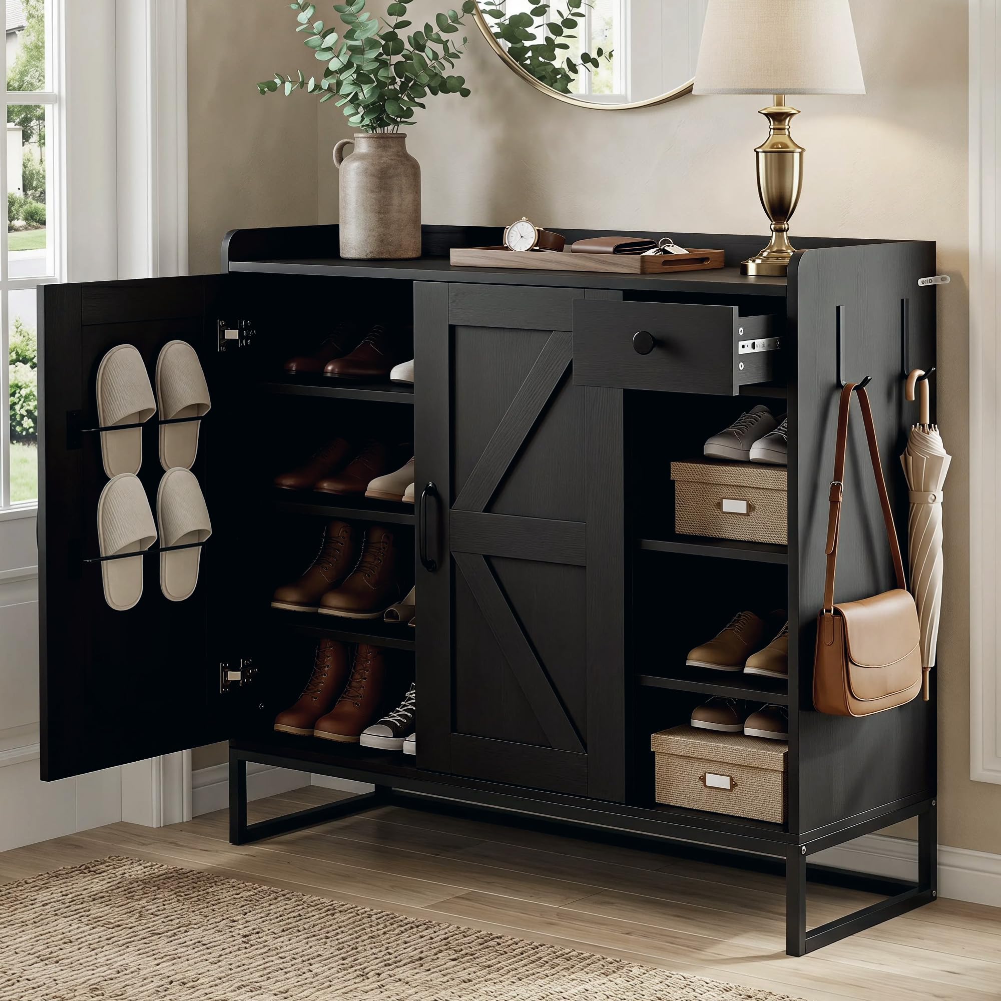Farmhouse Shoe Storage Cabinet with Anti-Tip Anchor,Adjustable Shelves and Multi-Functional Storage compartments, with a Shoe Rack Attached, Side Hooks & Drawer for Hallway, Black
