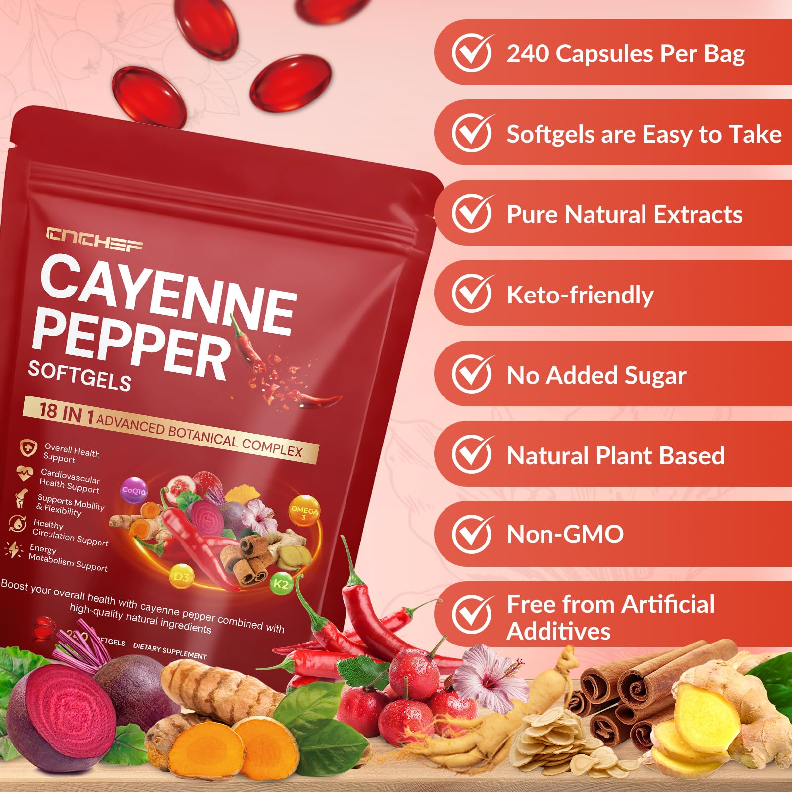 Cayenne Pepper Softgels Supplement, Cayenne Pepper Capsules with VitaminD3+K2,Berberine, CoQ10, Omega-3, Turmeric, Hawthorn, Beetroot, Supports Leg Vein, Digestive & Heart Vessel Health, 240 Softgels — Amazon image 6
