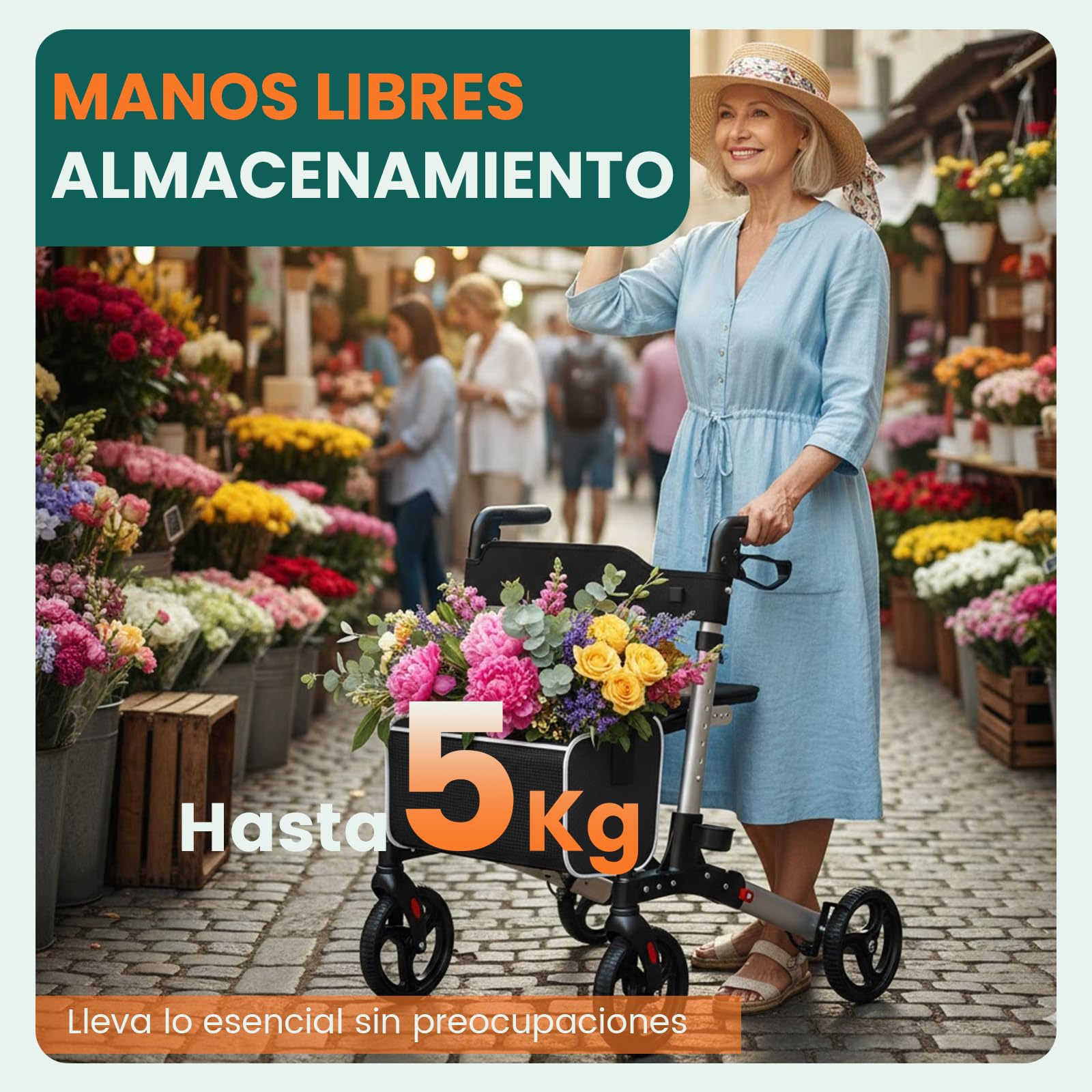 Andador con asiento, Andador de 4 ruedas plegable para adultos, Soporta hasta 136 kg, Sistema de doble freno, Ruedas de 8"", 6 niveles de altura ajustable, Bolsa extraíble y Respaldo – Plata