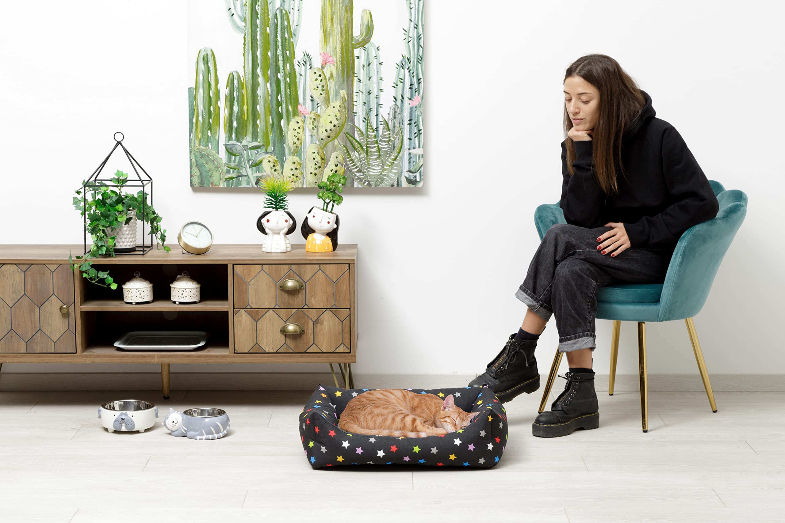 Baroni Home Cuccia per Cane in tessuto Grigio e Stelle Taglia S 45x60 cm, Morbido Divano Rettangolare, Comodo, per Camera da Letto Salotto Corridoio, Lavabile